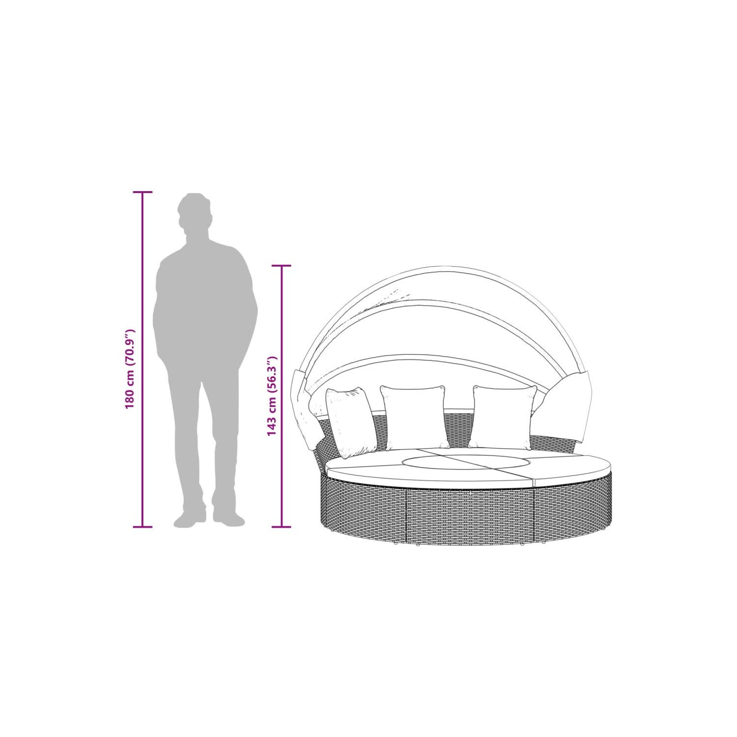 vidaXL Outdoor Lounge Bed with Canopy and Cushions Black Poly Rattan