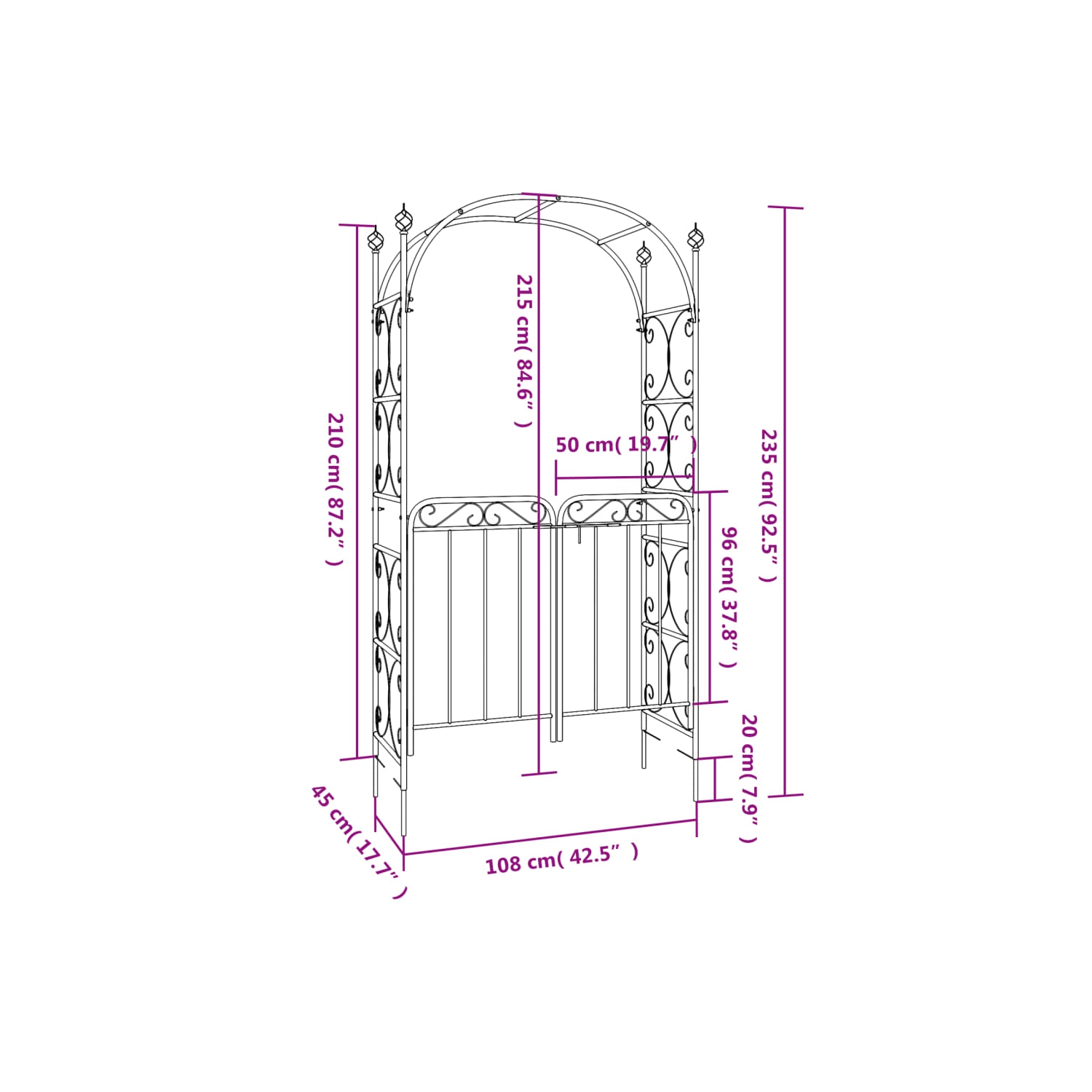 Arche de jardin avec porte en acier noir 108x45x235&nbsp;cm