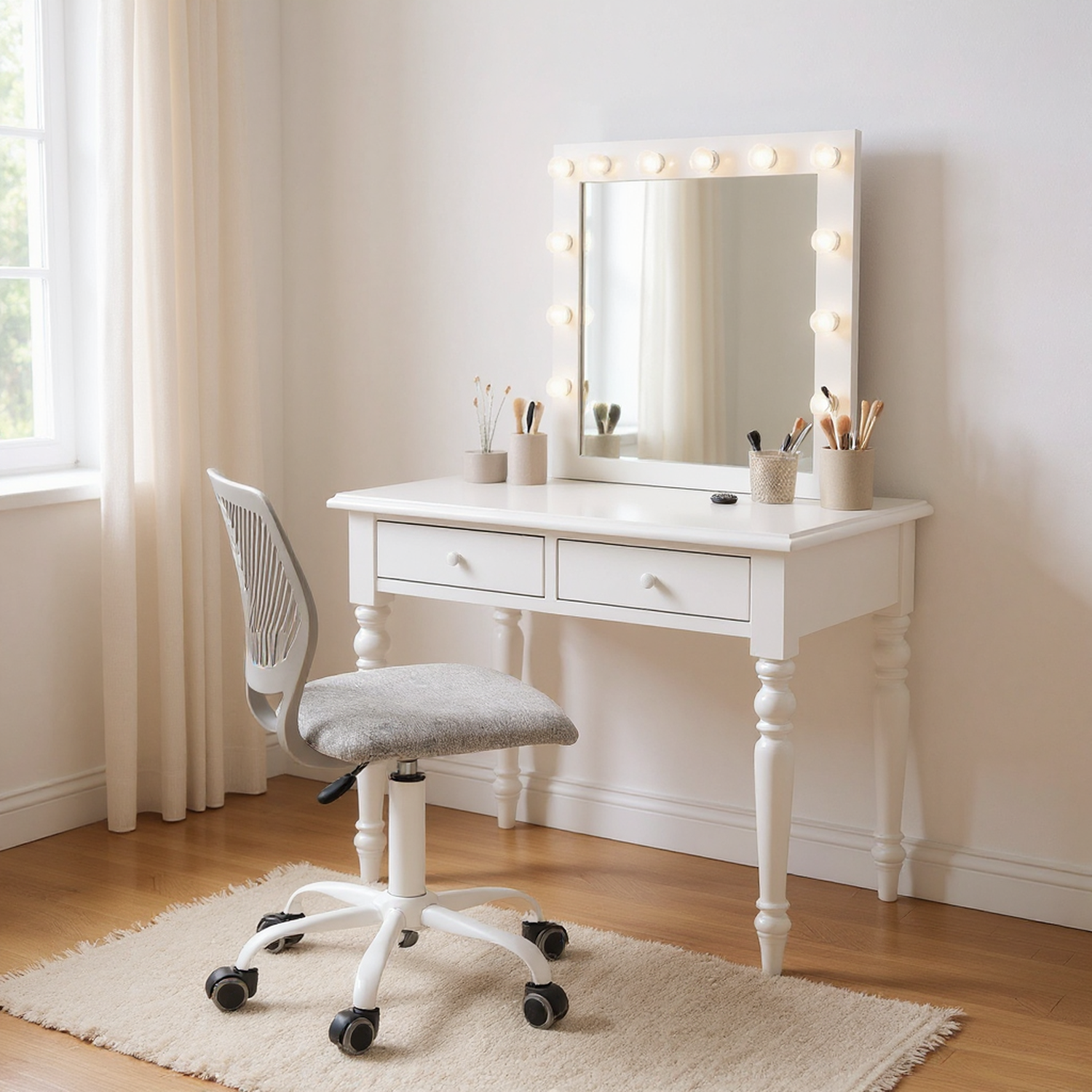 Chaise de coiffeuse moderne Homy Casa avec base pivotante, siège souple et dossier à feuilles, gris