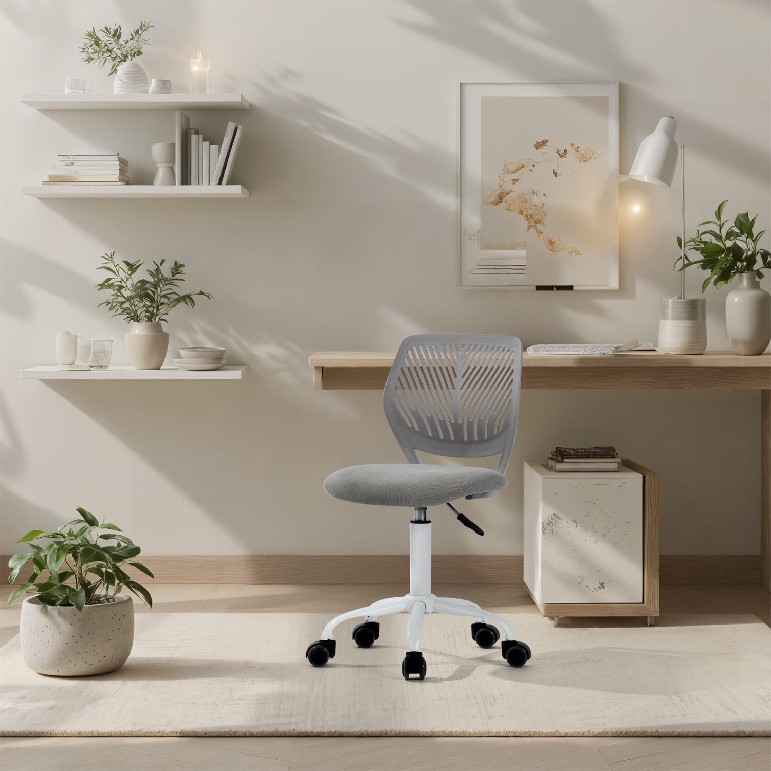 Chaise de coiffeuse moderne Homy Casa avec base pivotante, siège souple et dossier à feuilles, gris