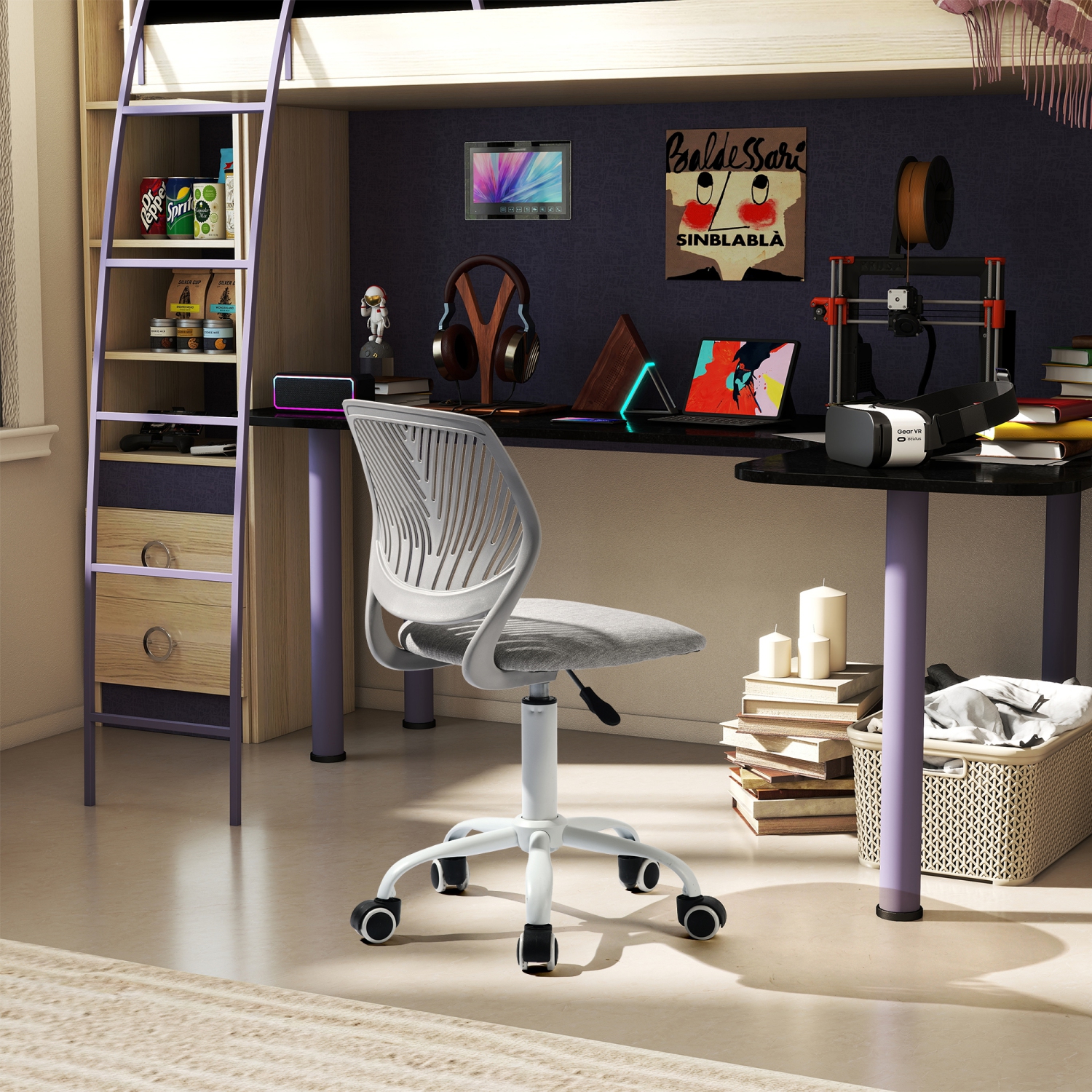 Chaise de coiffeuse moderne Homy Casa avec base pivotante, siège souple et dossier à feuilles, gris