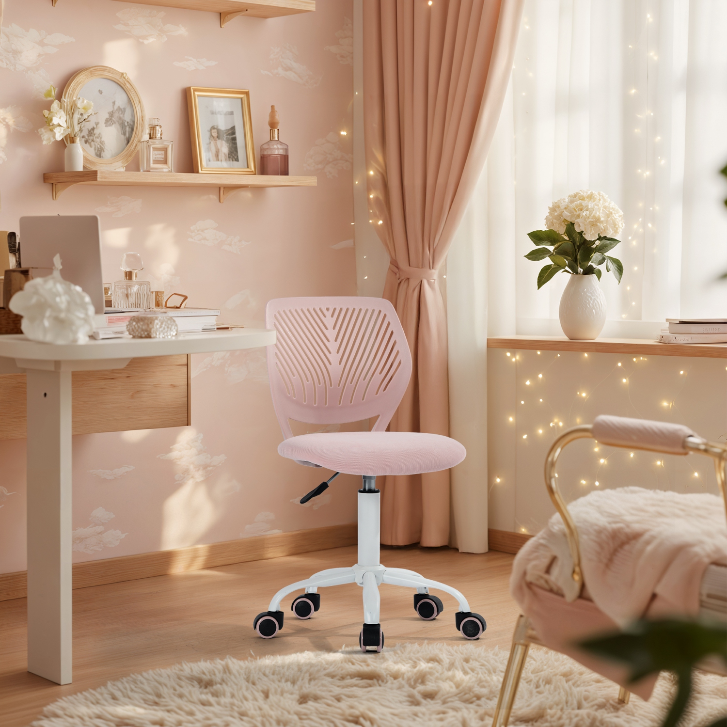 Homy Casa Adjustable Task Chair with Ergonomic Back Soft Seat Wheels, Blush