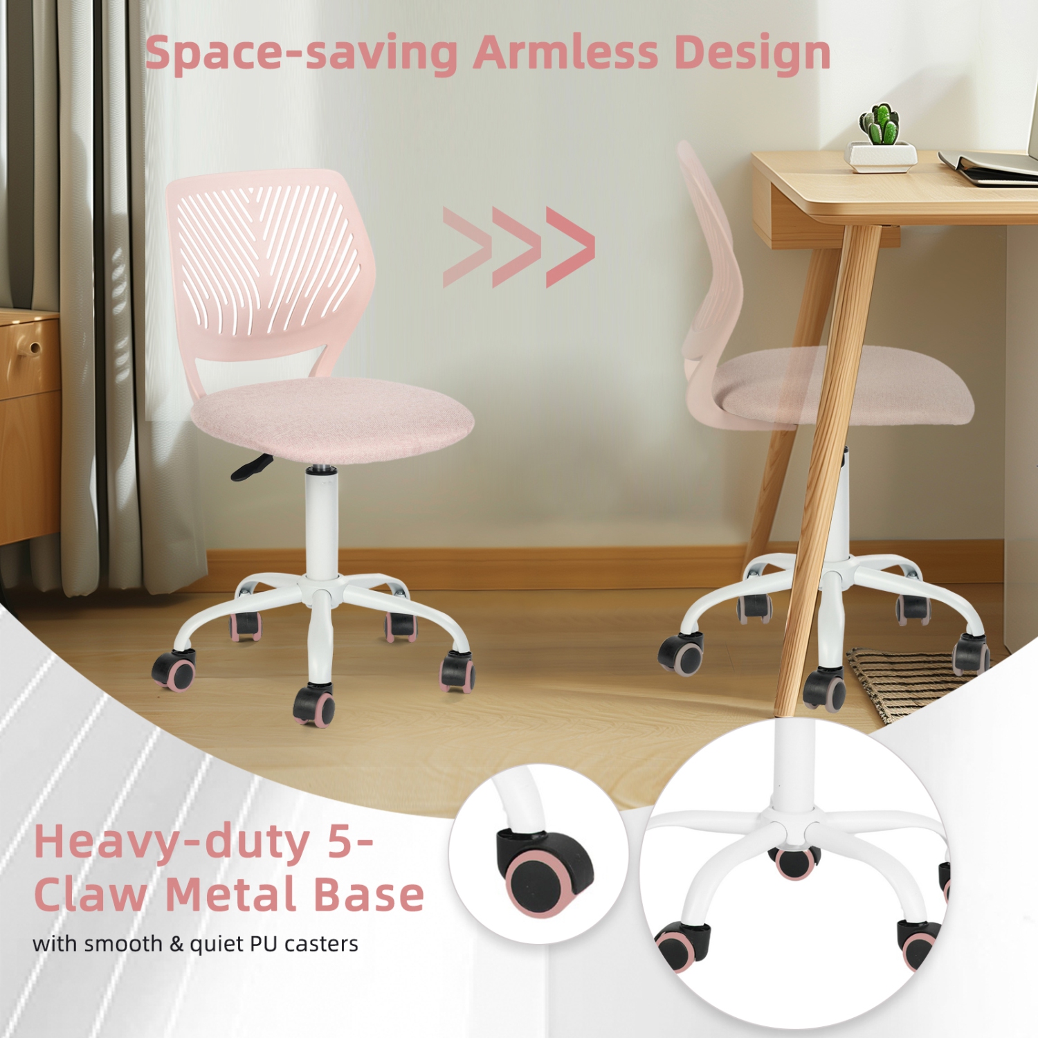 Homy Casa Adjustable Task Chair with Ergonomic Back Soft Seat Wheels, Blush