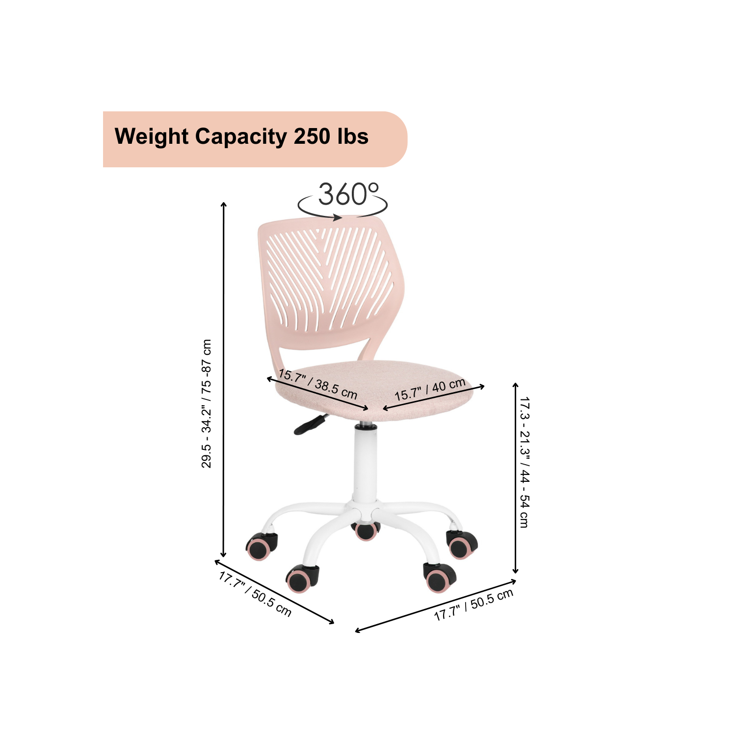 Homy Casa Adjustable Task Chair with Ergonomic Back Soft Seat Wheels, Blush