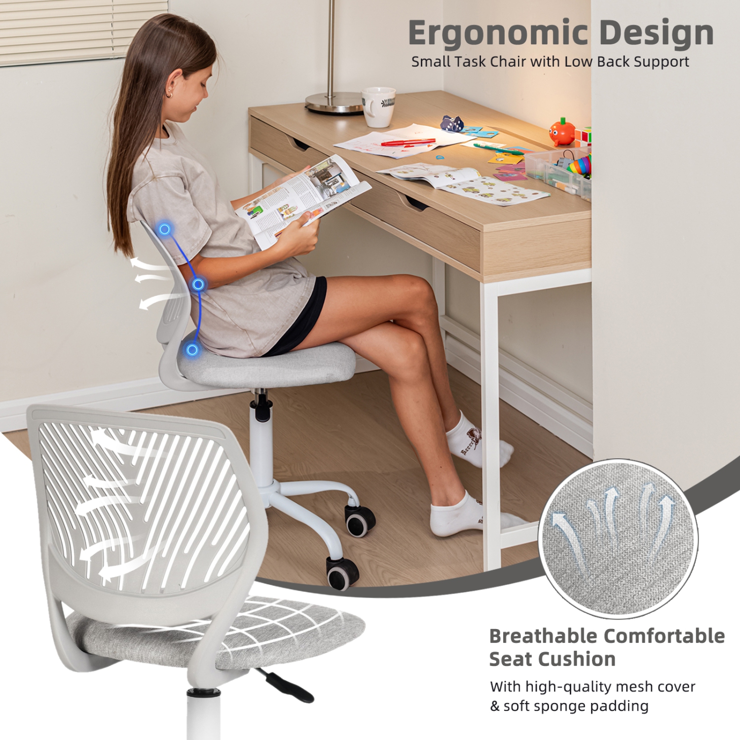 Homy Casa Adjustable Task Chair with Ergonomic Back Soft Seat Wheels, Grey