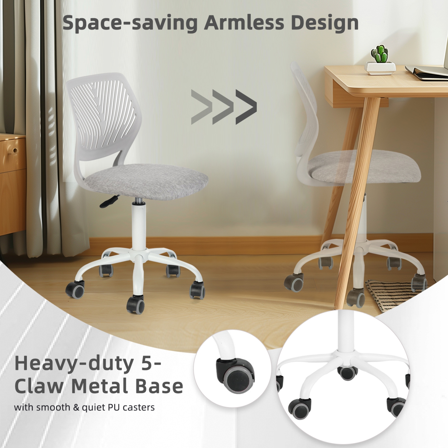 Homy Casa Adjustable Task Chair with Ergonomic Back Soft Seat Wheels, Grey