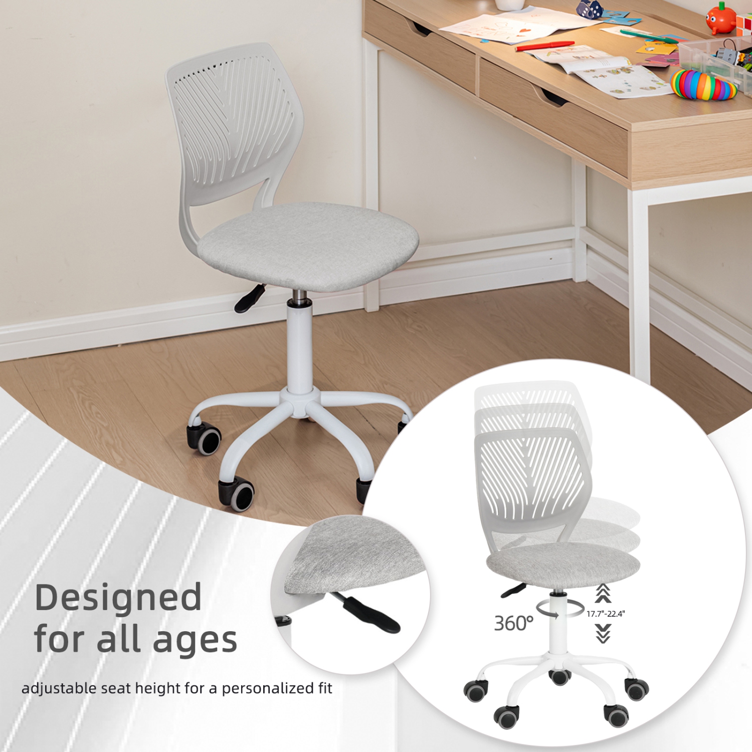 Homy Casa Adjustable Task Chair with Ergonomic Back Soft Seat Wheels, Grey