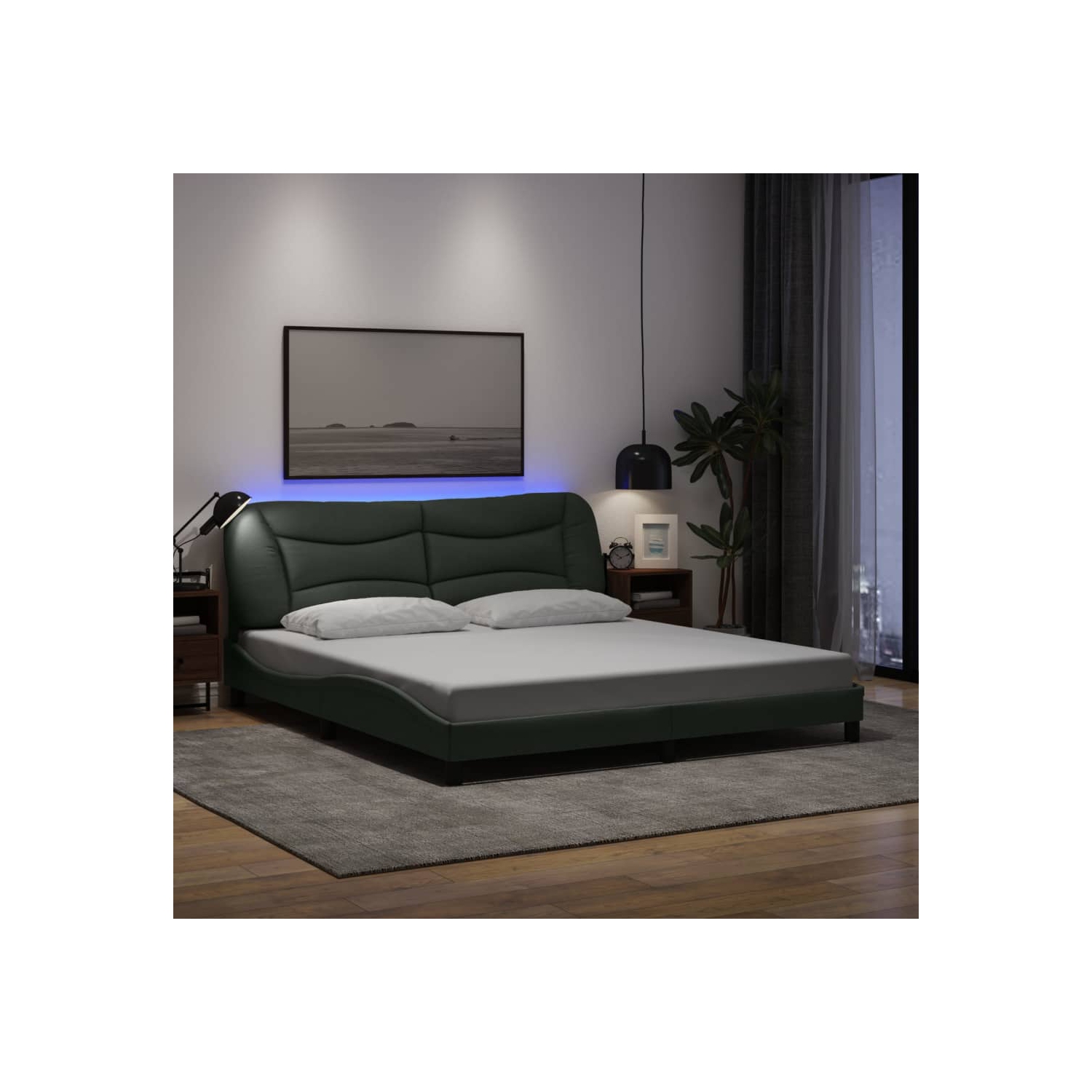 Cadre de lit vidaXL avec LED sans matelas «&nbsp;Hvar&nbsp;», tissu 203&nbsp;cm gris foncé 193 unités
