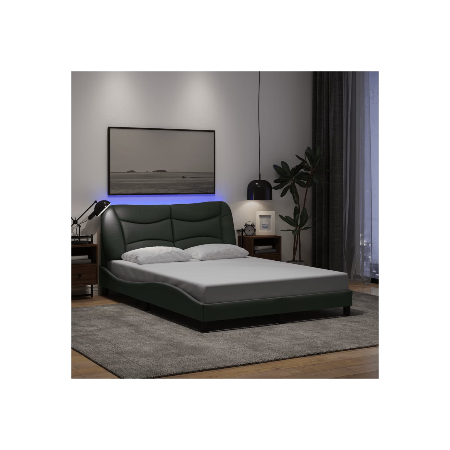 Cadre de lit vidaXL avec LED sans matelas «&nbsp;Hvar&nbsp;», tissu 190&nbsp;cm gris foncé 137 unités