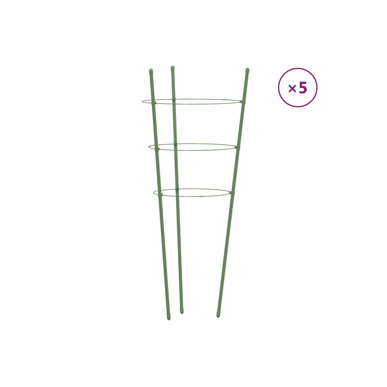 vidaXL Garden Plant Supports with 3 Rings 5 pcs Green 60 cm Steel