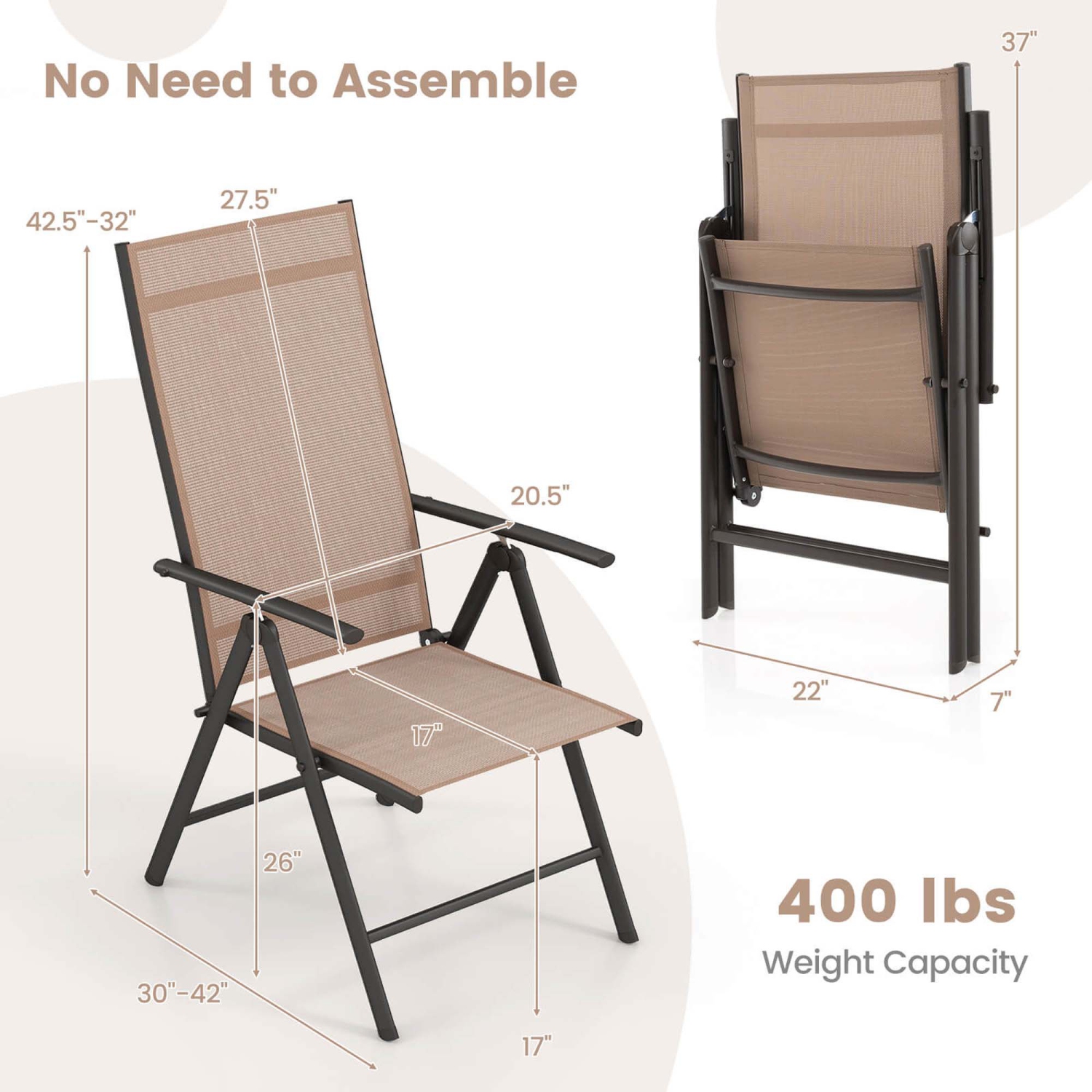 Costway 2 PCS Patio Folding Dining Chair with 7-Level Adjustable High Backrest for Garden Brown