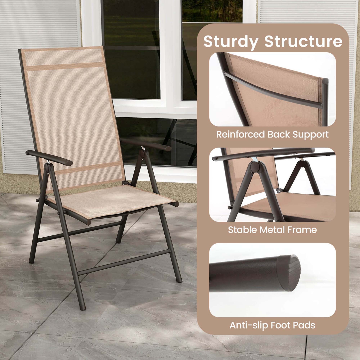 Costway 2 PCS Patio Folding Dining Chair with 7-Level Adjustable High Backrest for Garden Brown