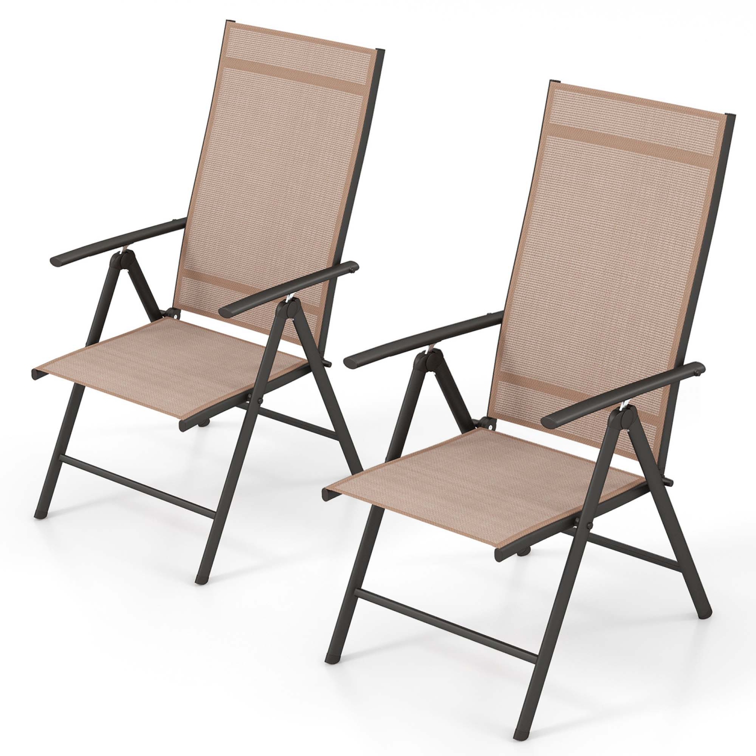 Costway 2 PCS Patio Folding Dining Chair with 7-Level Adjustable High Backrest for Garden Brown