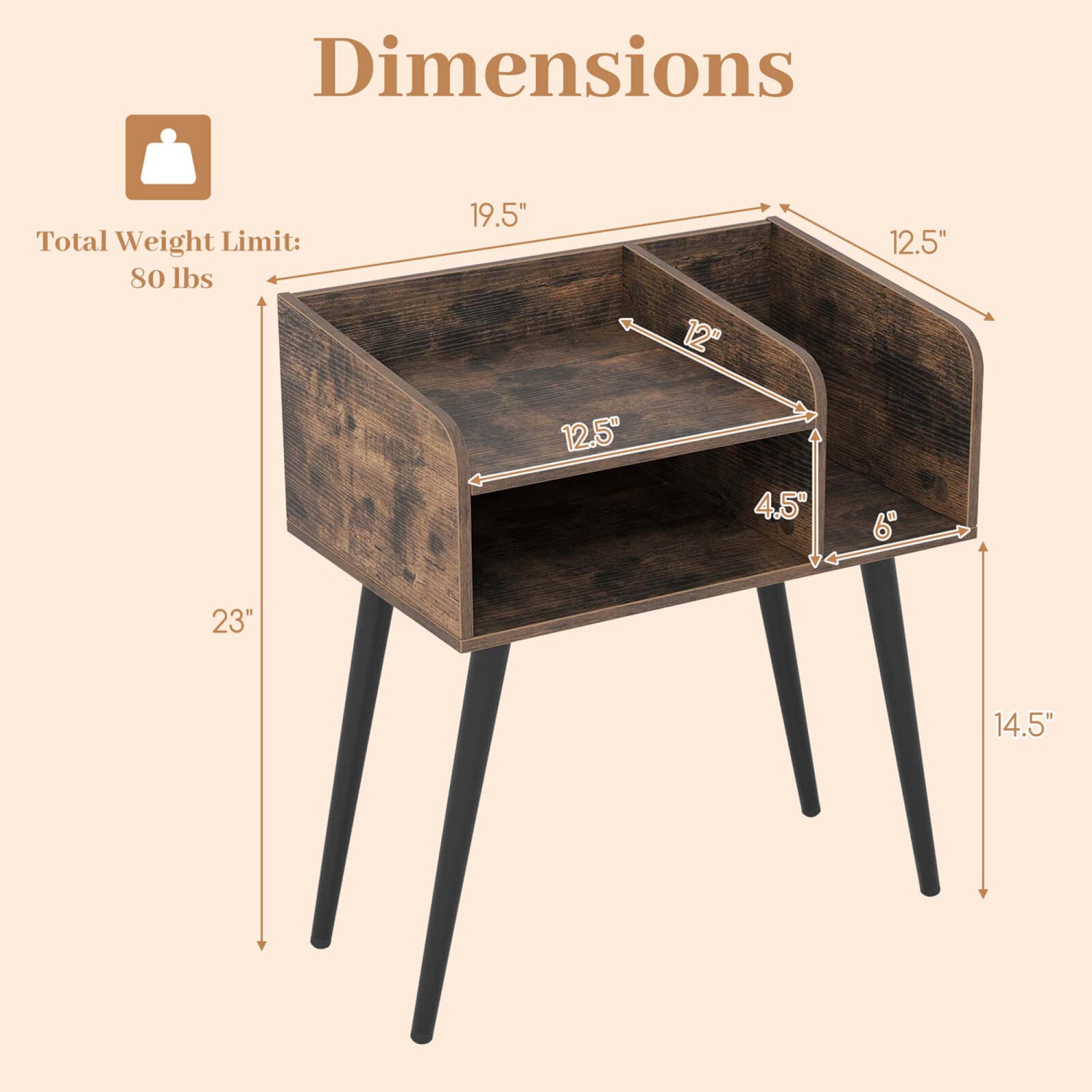 Costway Mid Century Modern End Table with Open Shelves Metal Support Legs for Bedroom