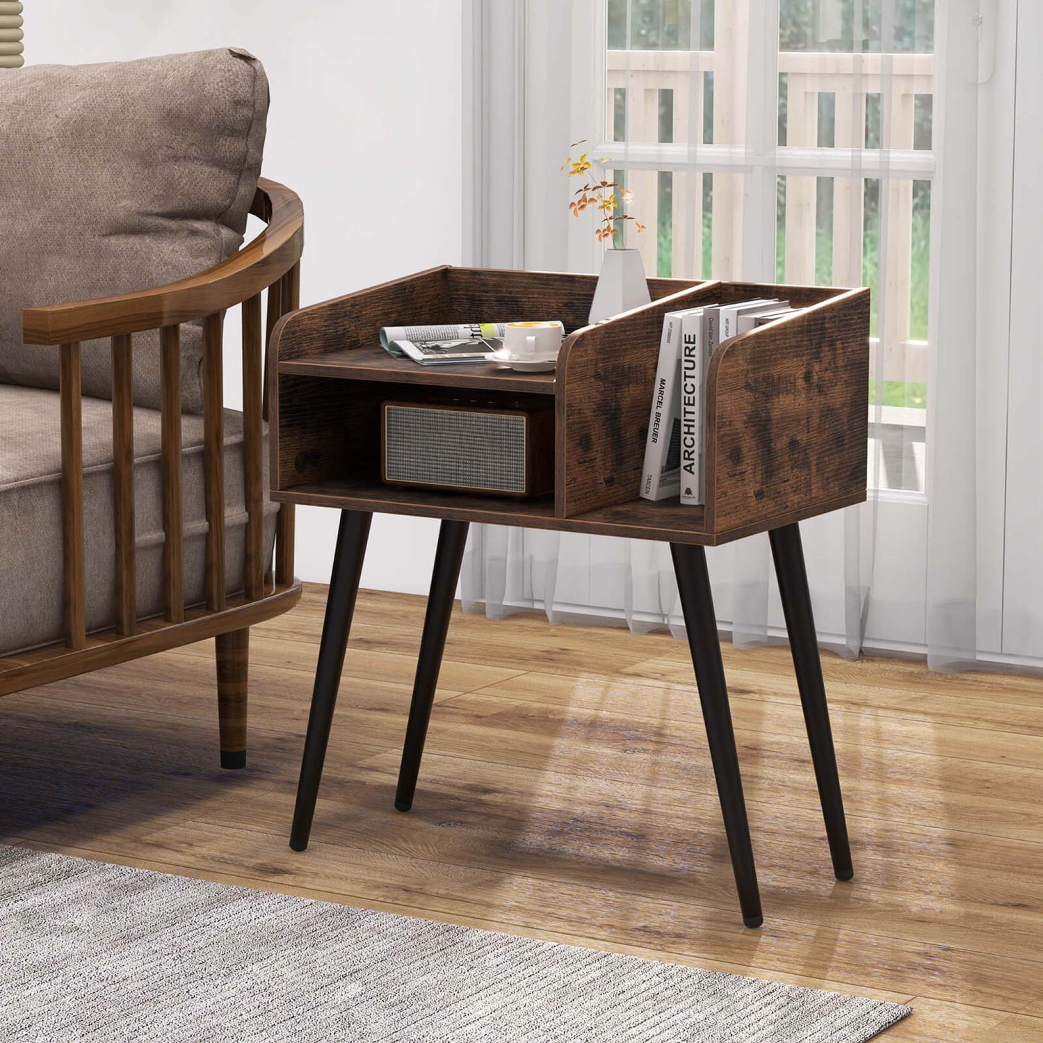 Costway Mid Century Modern End Table with Open Shelves Metal Support Legs for Bedroom