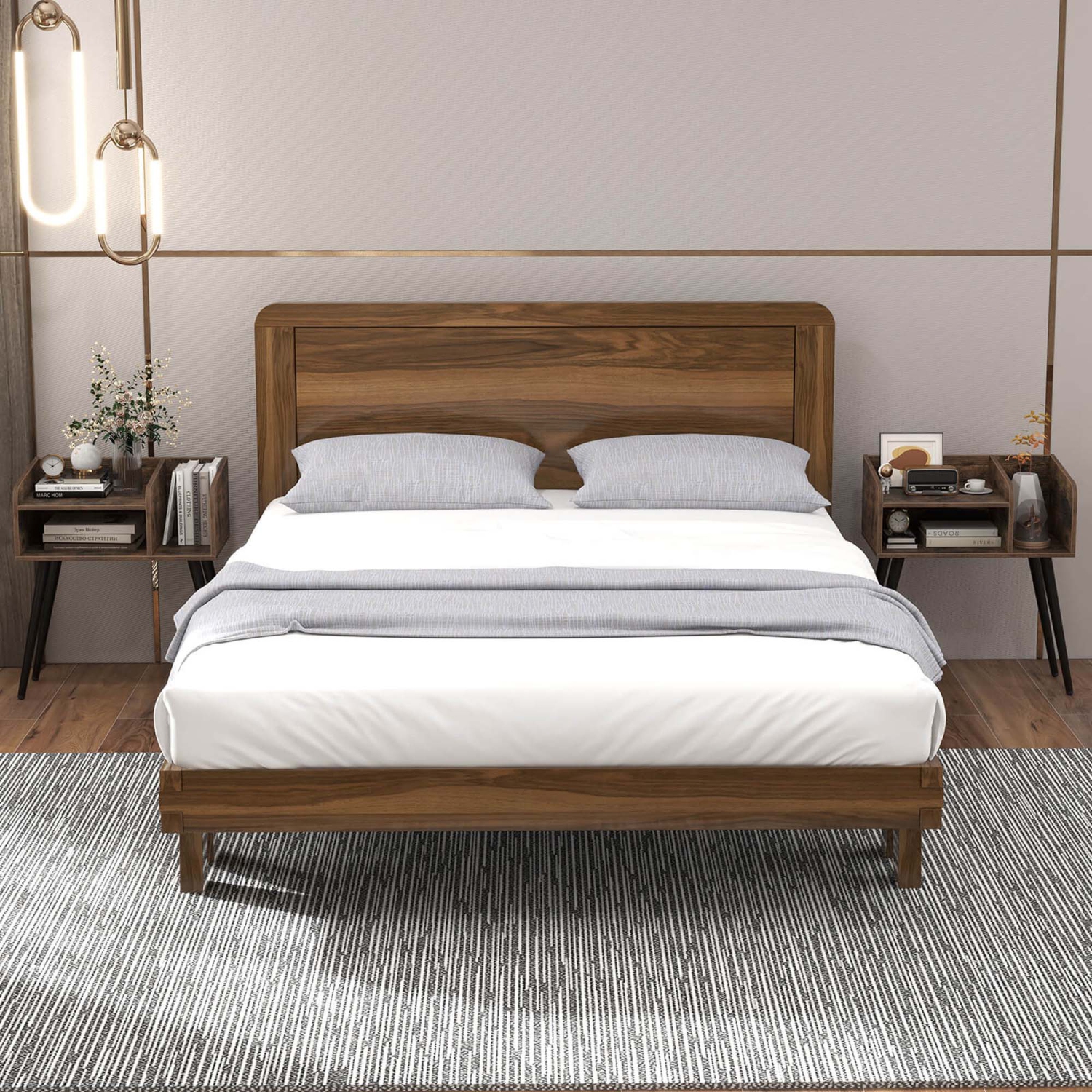 Costway Mid Century Modern End Table with Open Shelves Metal Support Legs for Bedroom