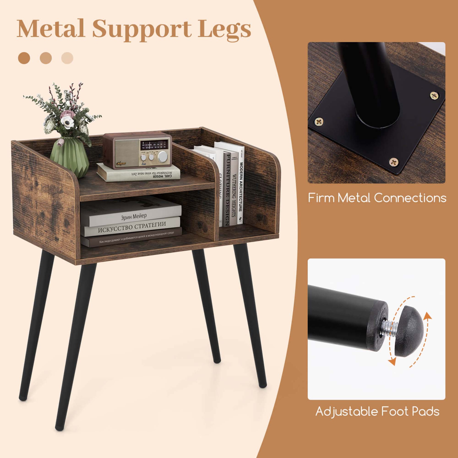 Costway Mid Century Modern End Table with Open Shelves Metal Support Legs for Bedroom