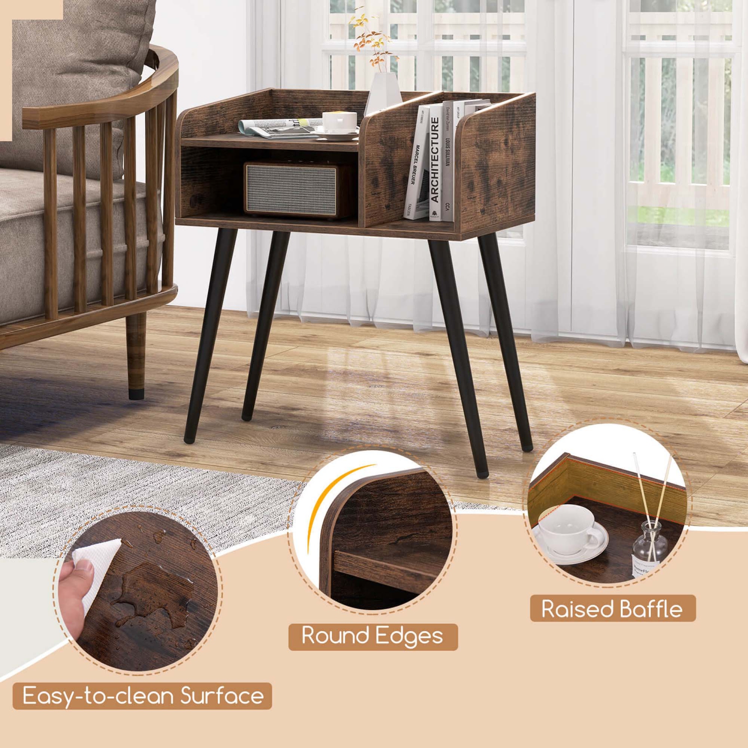 Costway Mid Century Modern End Table with Open Shelves Metal Support Legs for Bedroom