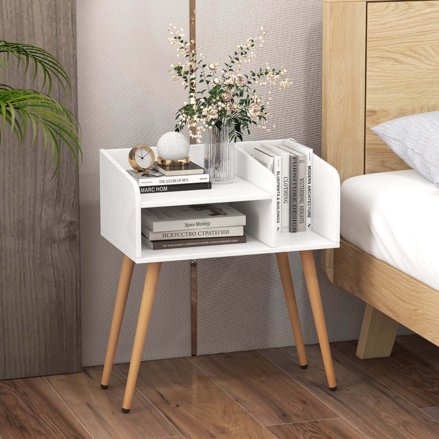 Costway Mid Century Modern End Table with Open Shelves Metal Support Legs for Bedroom