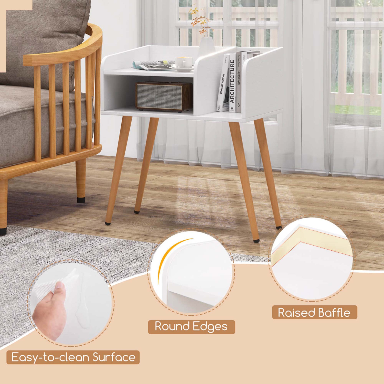 Costway Mid Century Modern End Table with Open Shelves Metal Support Legs for Bedroom