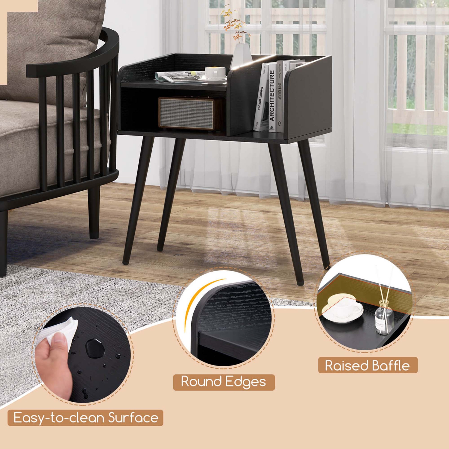 Table de bout moderne de milieu de siècle avec tablettes ouvertes de Costway pour chambre à coucher