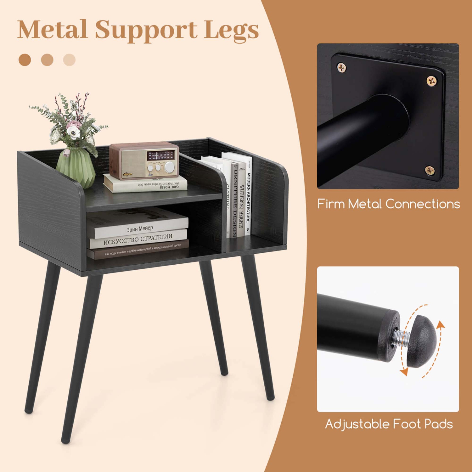 Table de bout moderne de milieu de siècle avec tablettes ouvertes de Costway pour chambre à coucher