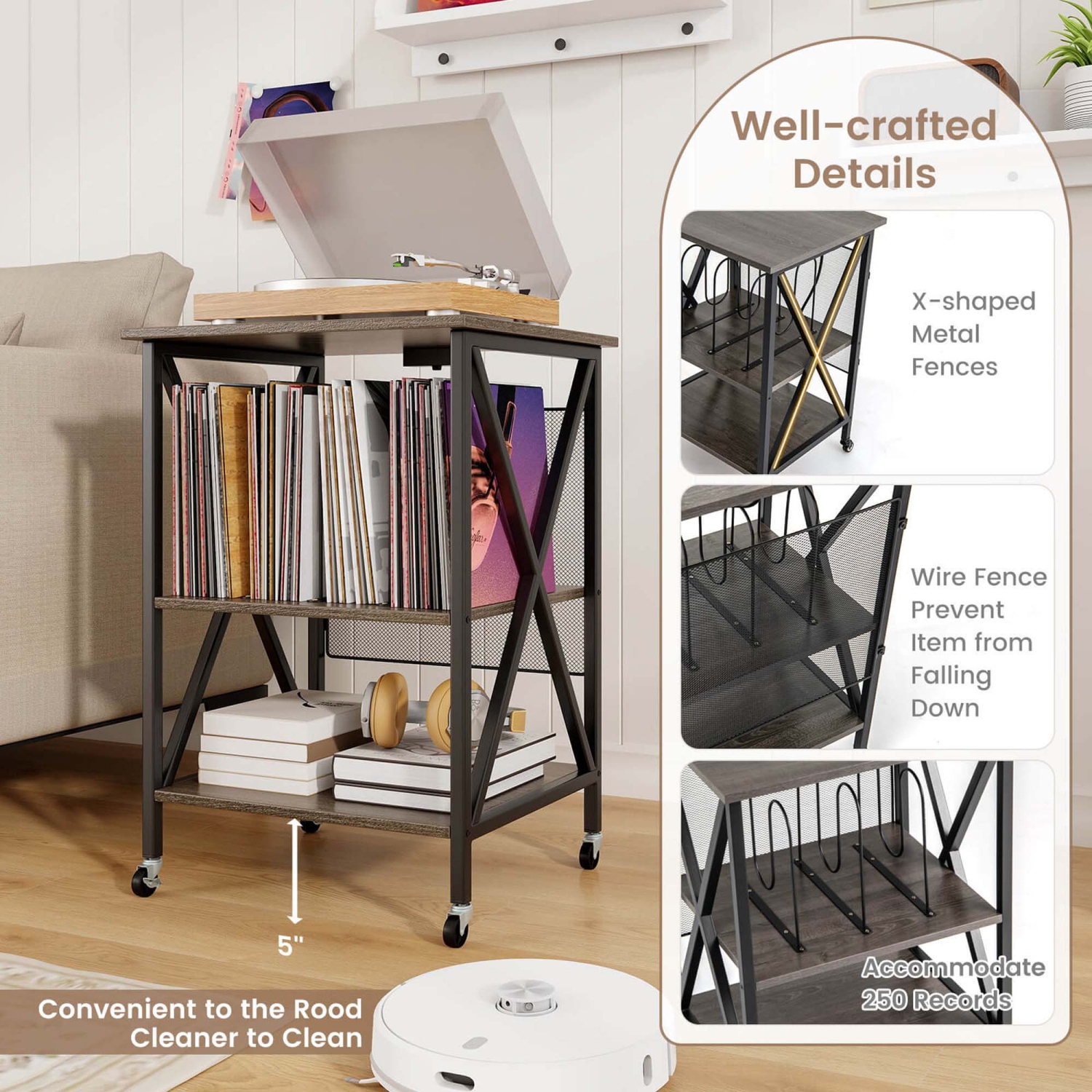 Costway Record Player Stand Vinyl Record Storage Table Holds Up to 120 Vinyl Records