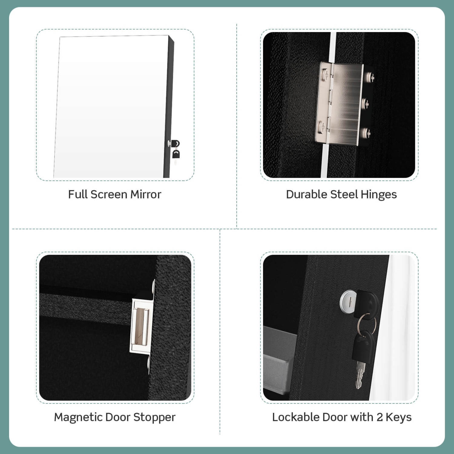 Costway Jewelry Cabinet Armoire Full Length Mirror Lockable w/ Bottom Drawer & Wheels