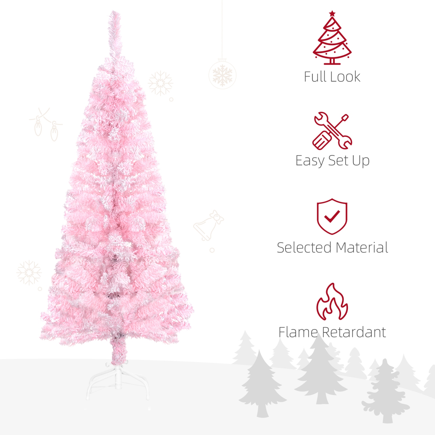 HOMCOM 4 FT Snow Flocked Artificial Christmas Tree, Pencil Xmas Tree with Realistic Branches, Auto Open and Steel Base, Pink