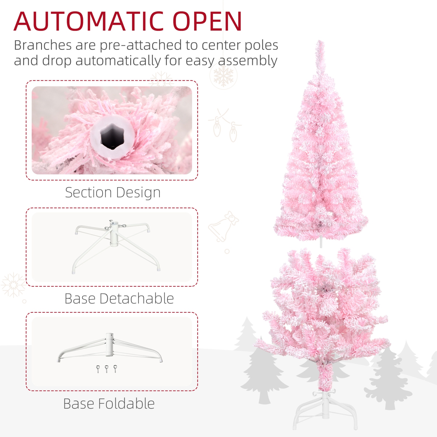 HOMCOM 4 FT Snow Flocked Artificial Christmas Tree, Pencil Xmas Tree with Realistic Branches, Auto Open and Steel Base, Pink