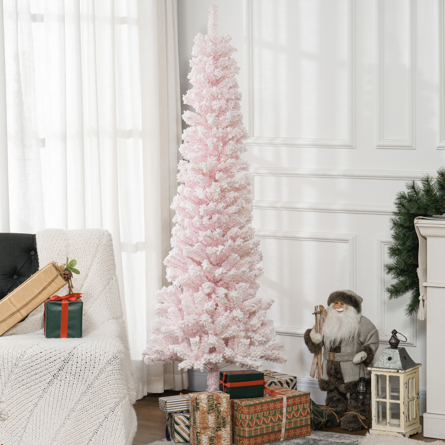 HOMCOM – Arbre de Noël à crayons floqués de neige 6 pi, arbre de Noël mince et artificiel avec branches réalistes, support pliant en métal, rose