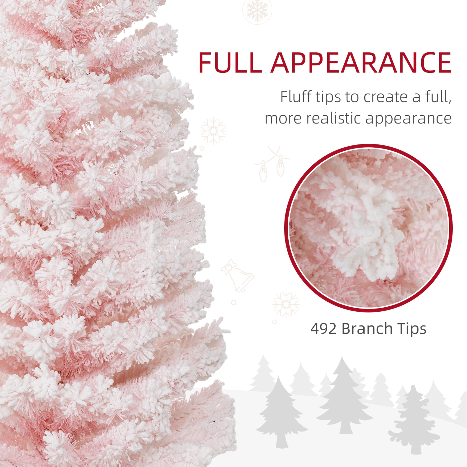 HOMCOM – Arbre de Noël à crayons floqués de neige 6 pi, arbre de Noël mince et artificiel avec branches réalistes, support pliant en métal, rose