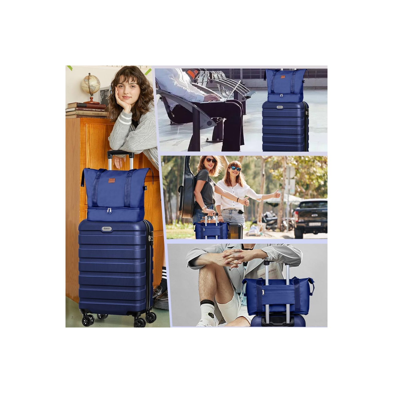 Ensemble de 5 valises légères CoolHut en plastique ABS TSA Lock avec 4 valises de cabine à roulettes universelles pour les voyages, les bagages