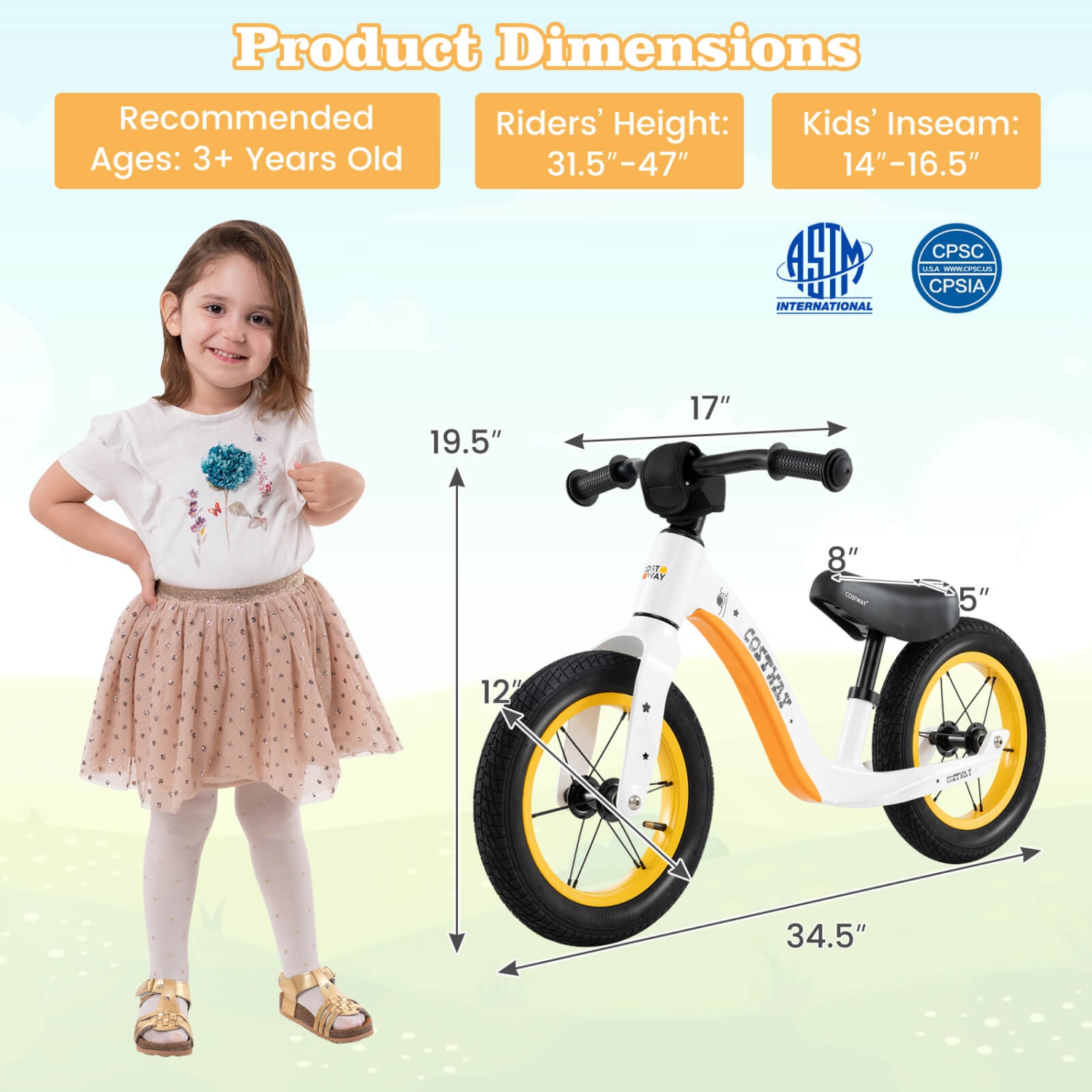 Costway 12 Inch Toddler Balance Bike No Pedal Training Bicycle withAdjustable Seat Height