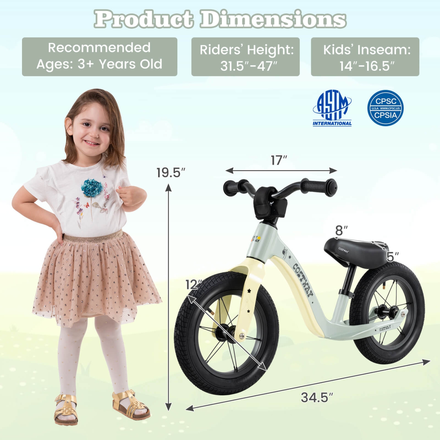 Costway 12 Inch Toddler Balance Bike No Pedal Training Bicycle withAdjustable Seat Height