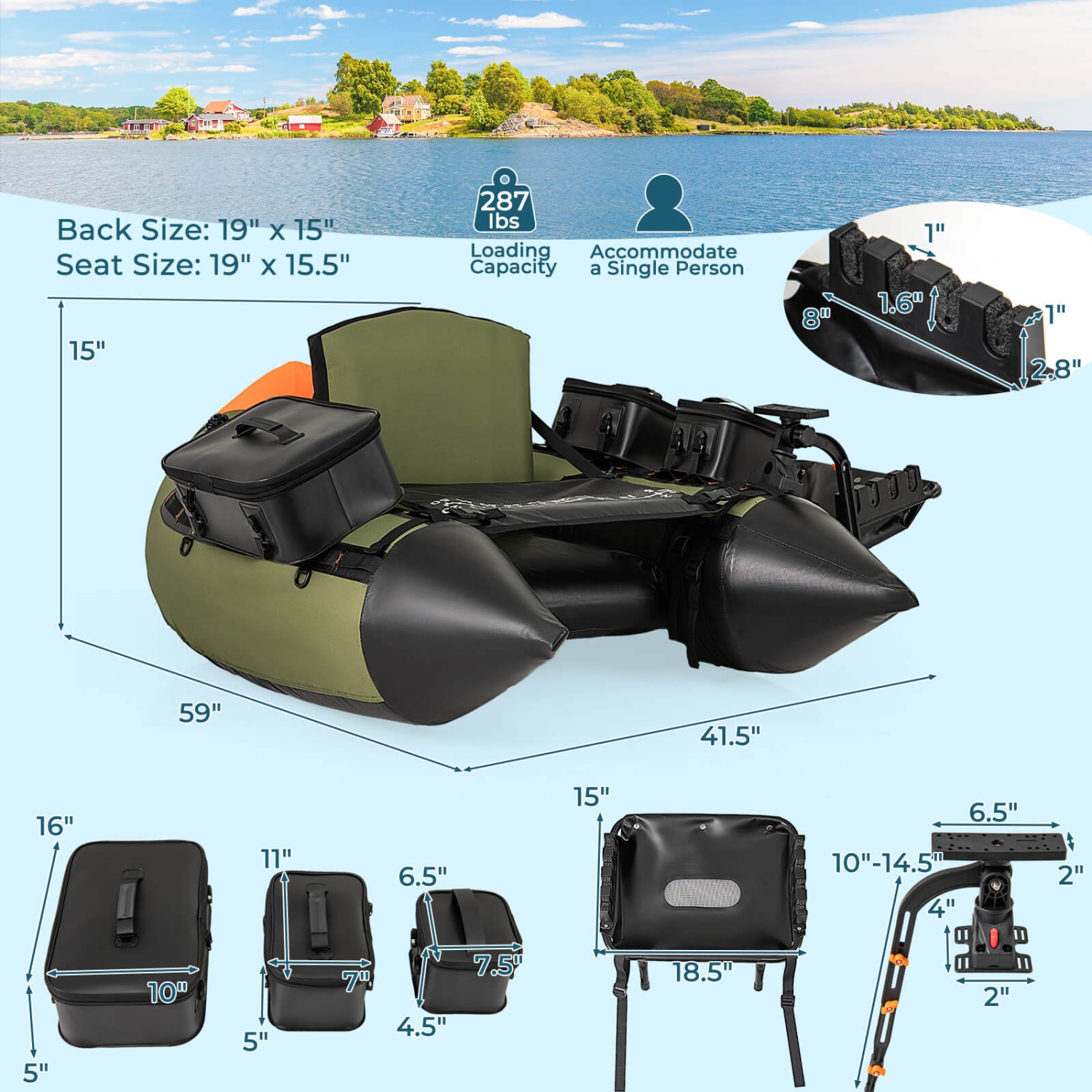 Costway Inflatable Fishing Float Tube Portable Fishing Boat with3 Detachable Storage Boxes