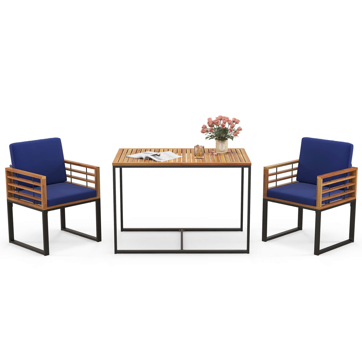 Costway 3 PCS Patio Dining Table Set with Bistro Chairs Large Coffee Table Seat Cushions