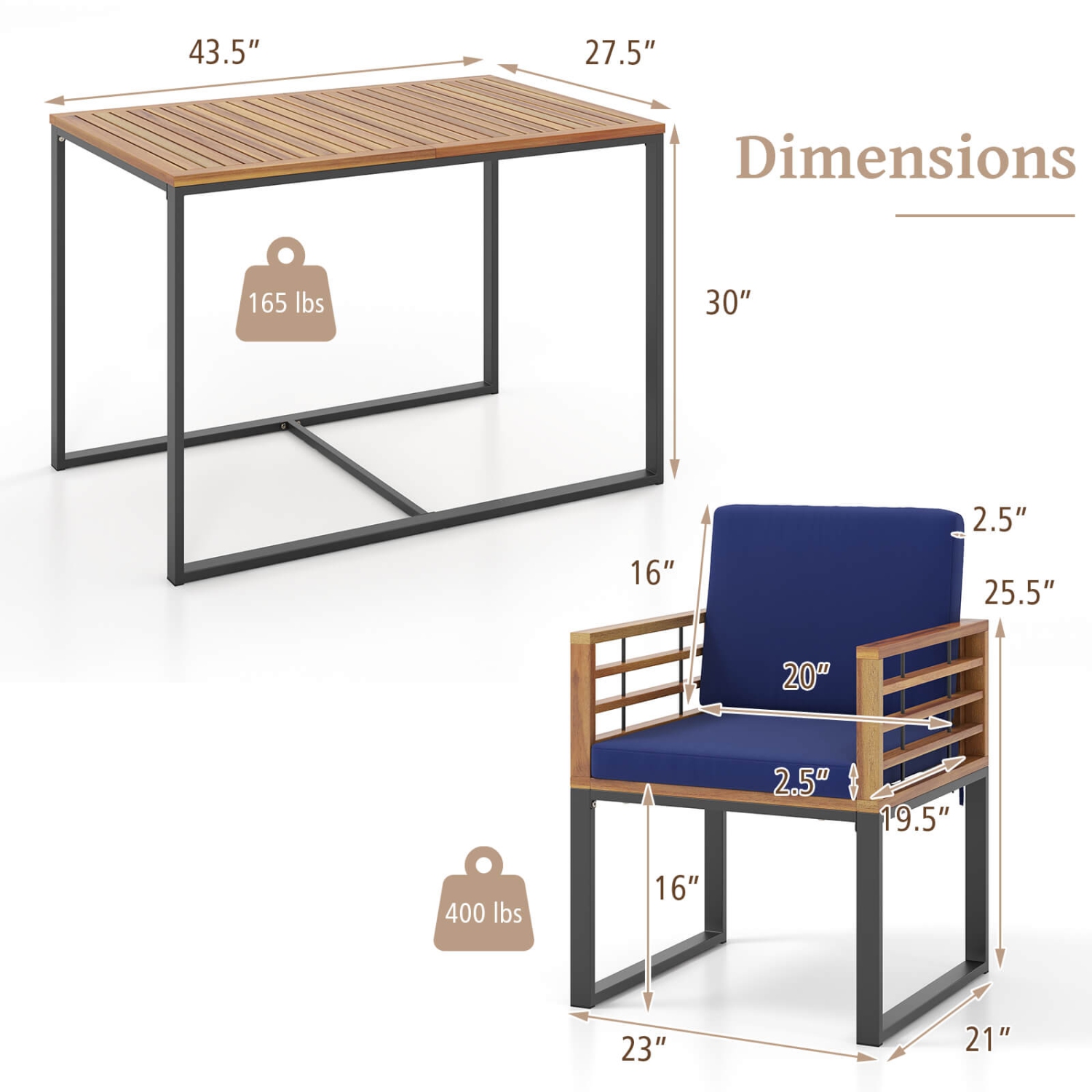 Costway 3 PCS Patio Dining Table Set with Bistro Chairs Large Coffee Table Seat Cushions