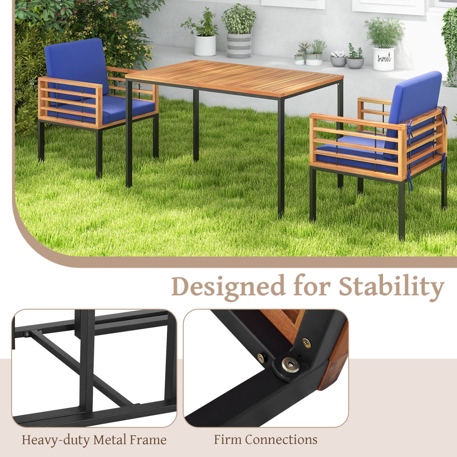 Costway 3 PCS Patio Dining Table Set with Bistro Chairs Large Coffee Table Seat Cushions