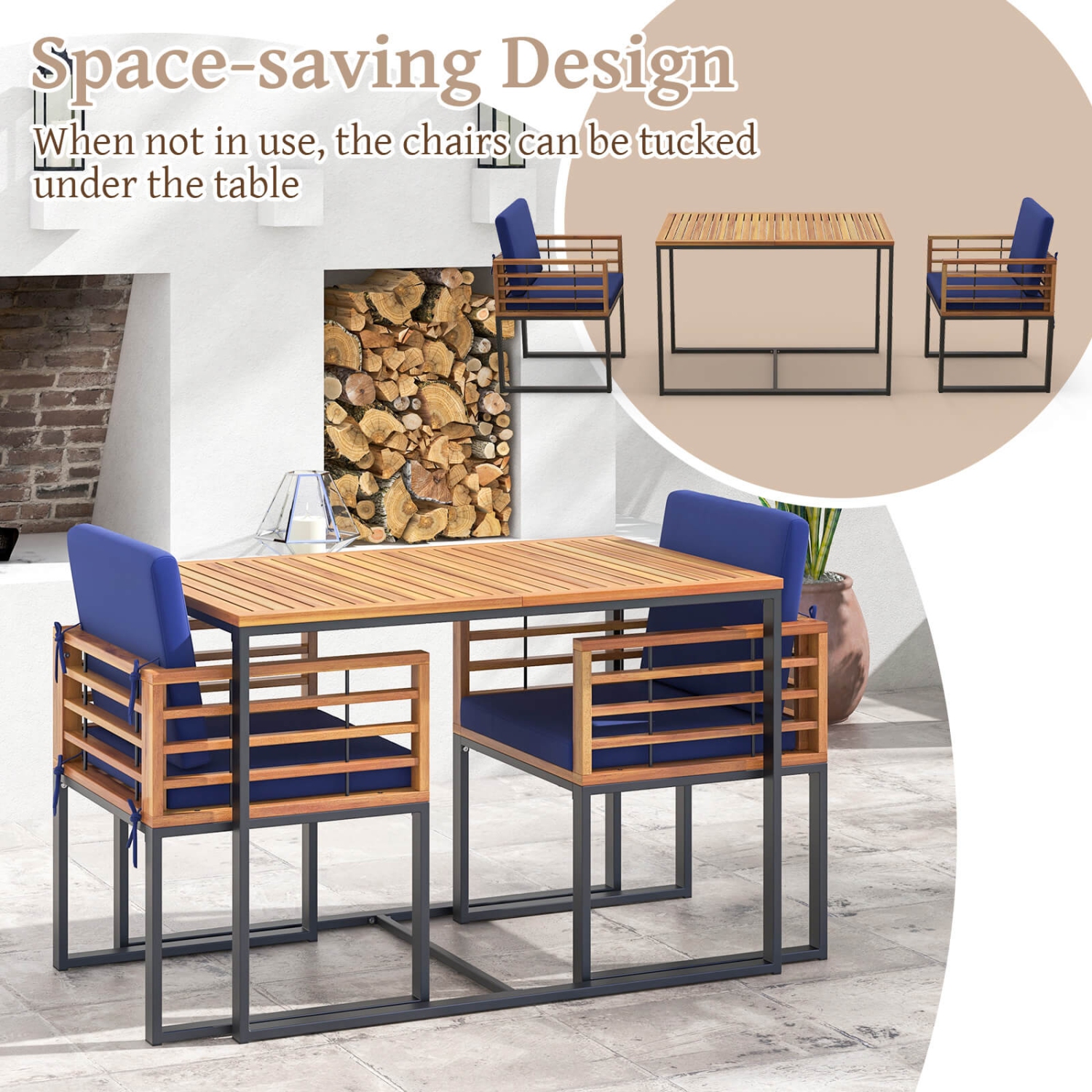 Costway 3 PCS Patio Dining Table Set with Bistro Chairs Large Coffee Table Seat Cushions