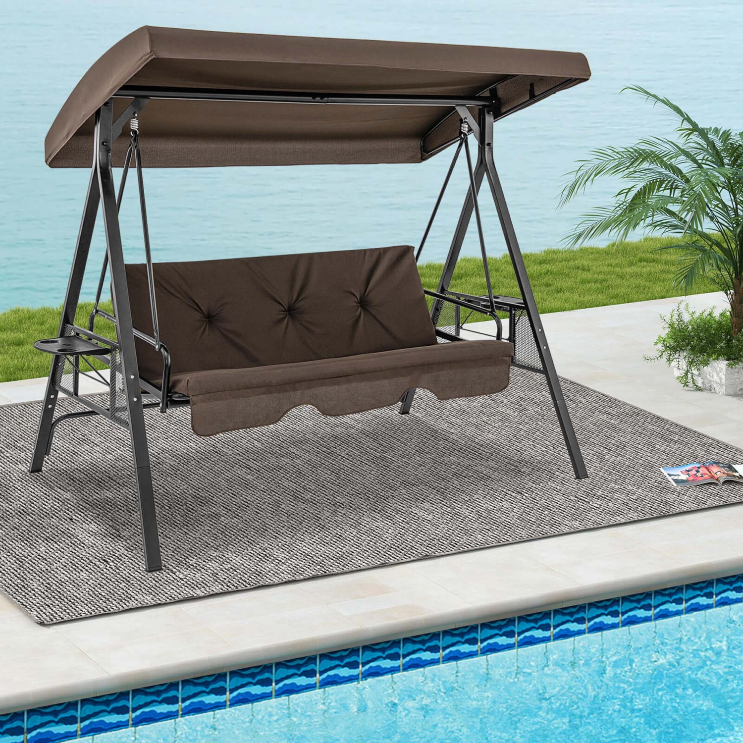 Costway 3-Seat Patio Porch Swing withAdjustable Canopy Soft Seat Back Cushions Side Tables