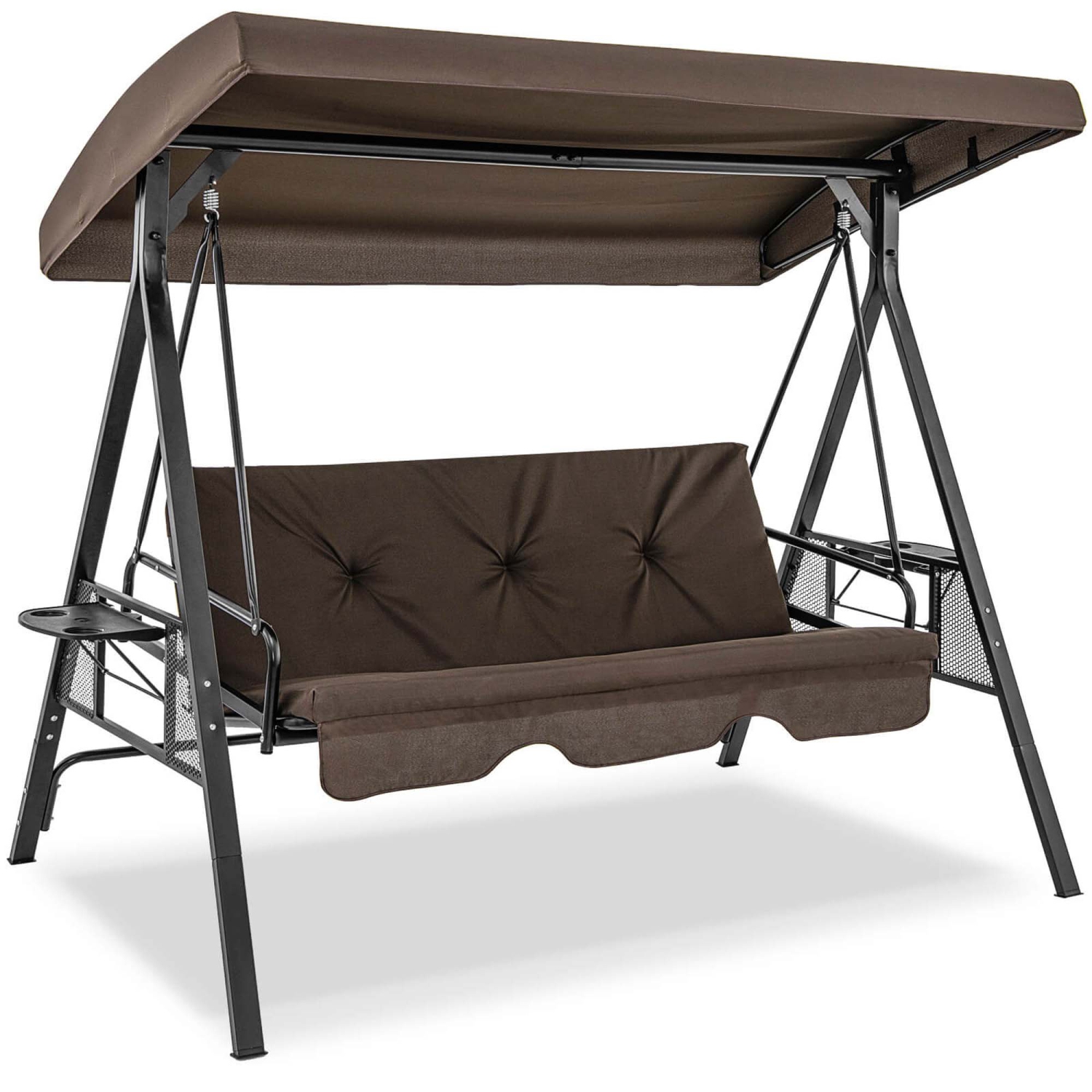 Costway 3-Seat Patio Porch Swing withAdjustable Canopy Soft Seat Back Cushions Side Tables