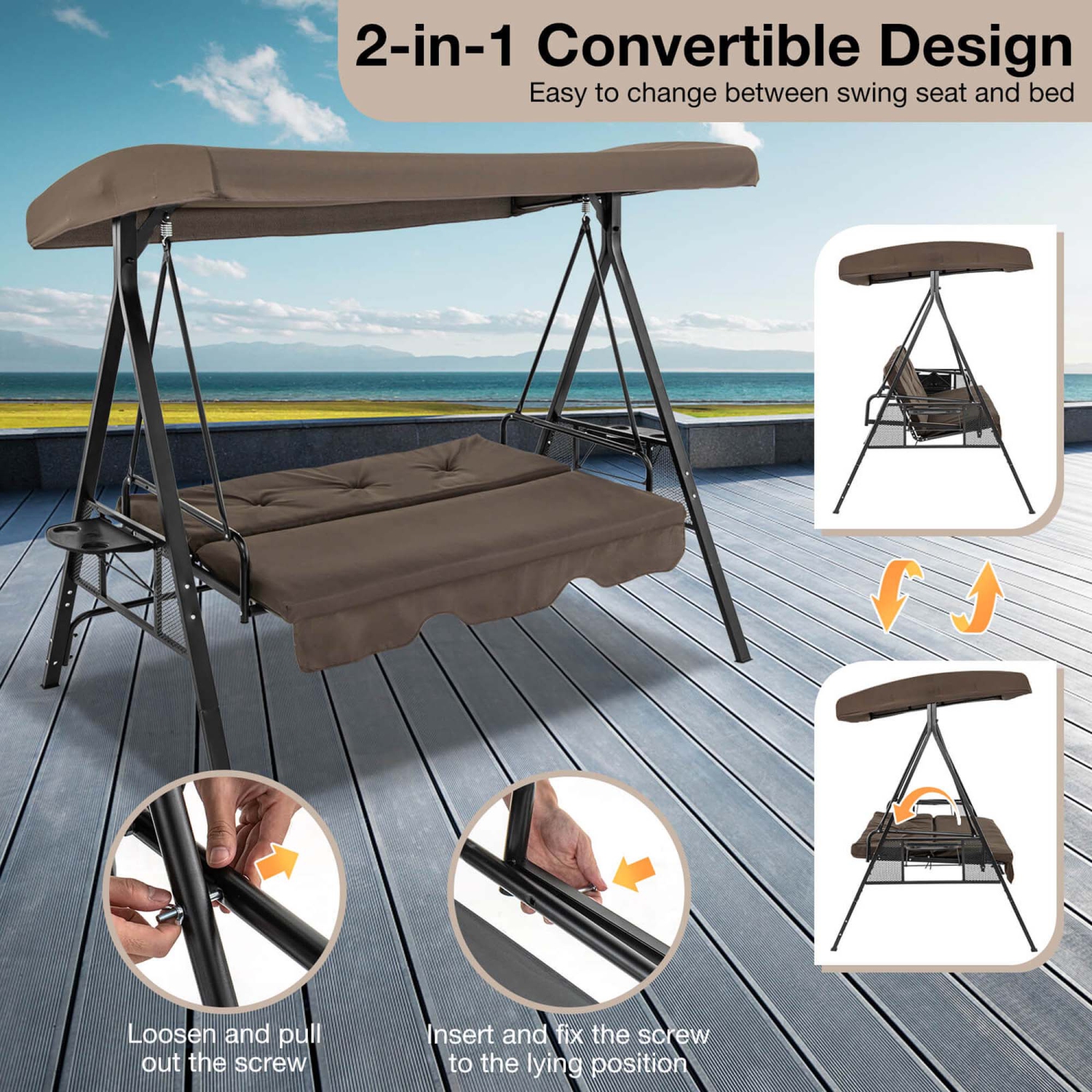 Costway 3-Seat Patio Porch Swing withAdjustable Canopy Soft Seat Back Cushions Side Tables
