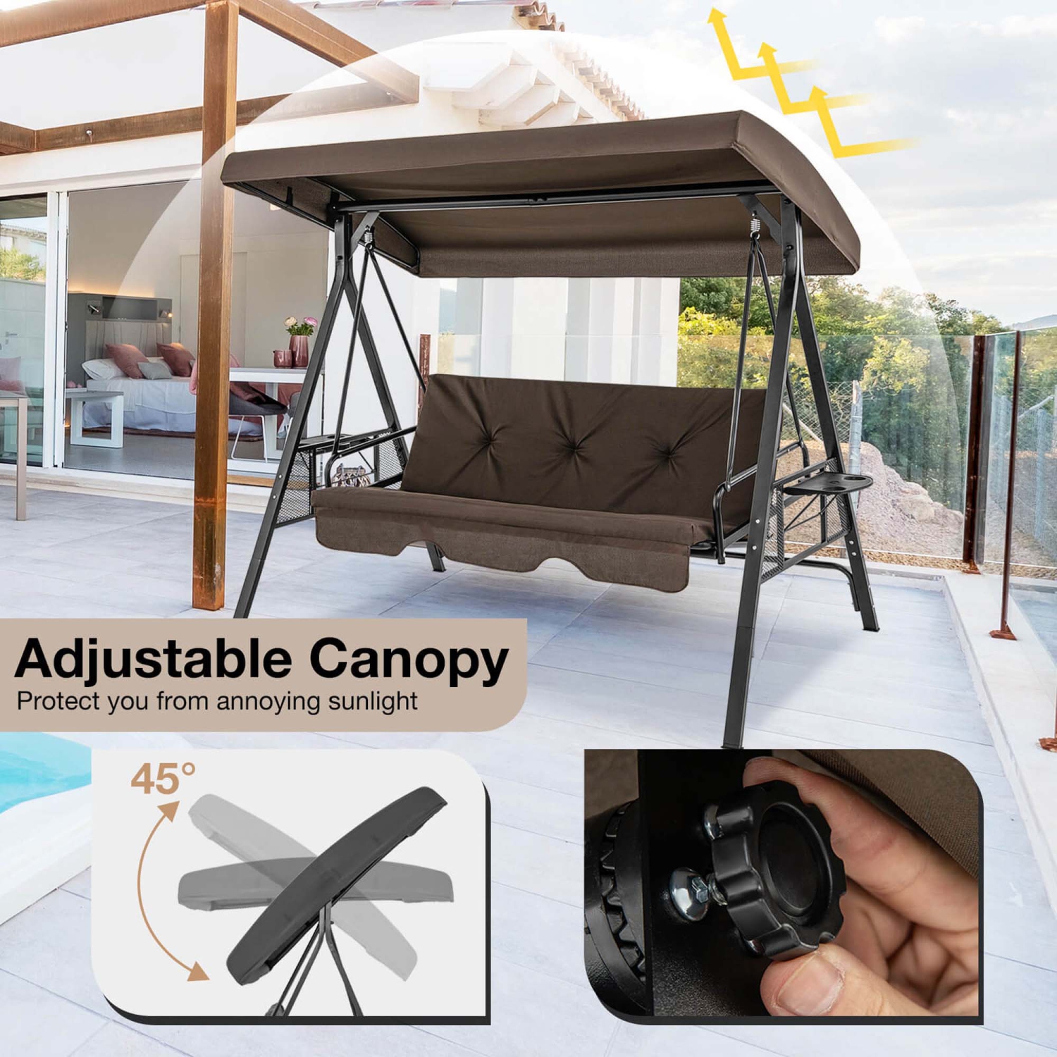Costway 3-Seat Patio Porch Swing withAdjustable Canopy Soft Seat Back Cushions Side Tables