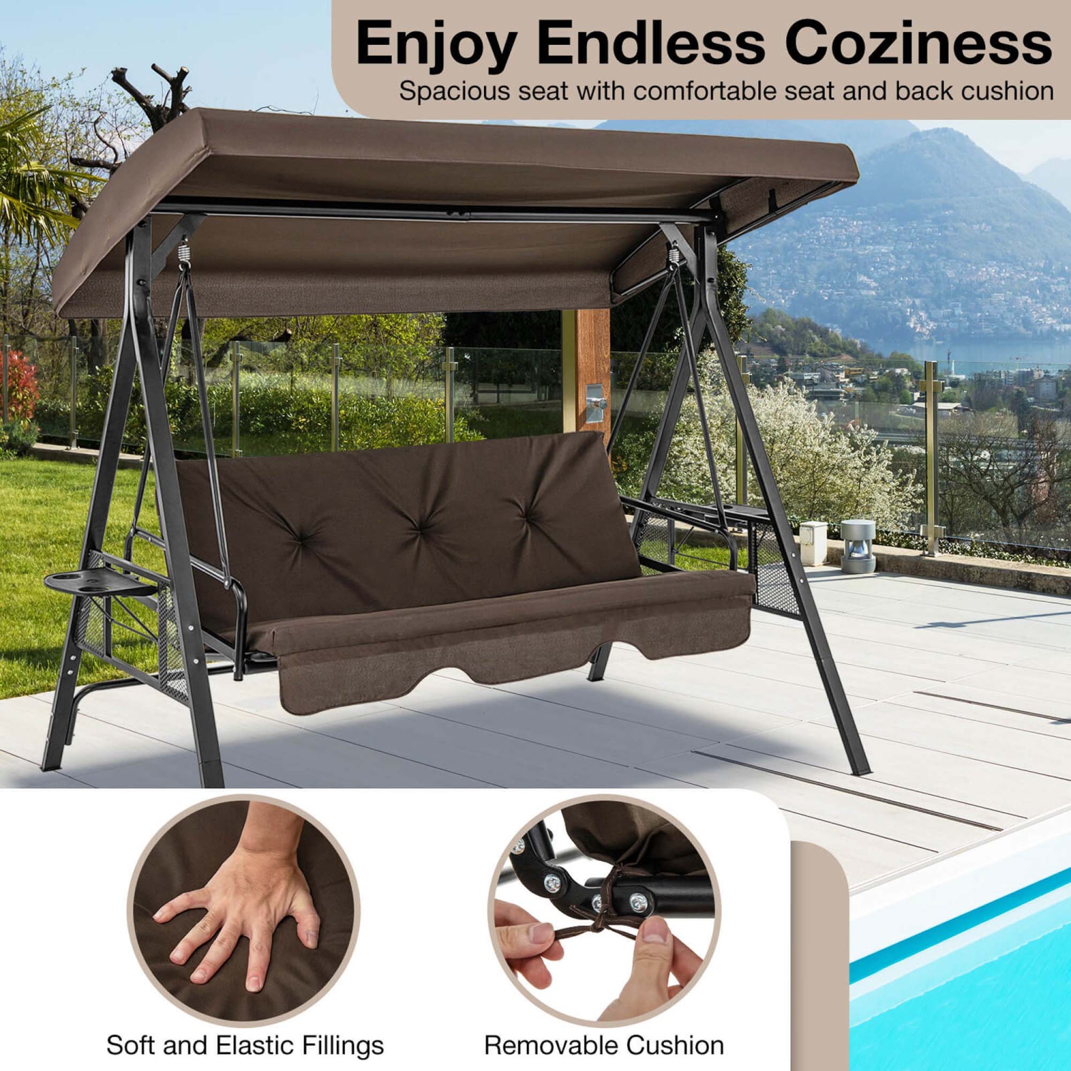 Costway 3-Seat Patio Porch Swing withAdjustable Canopy Soft Seat Back Cushions Side Tables