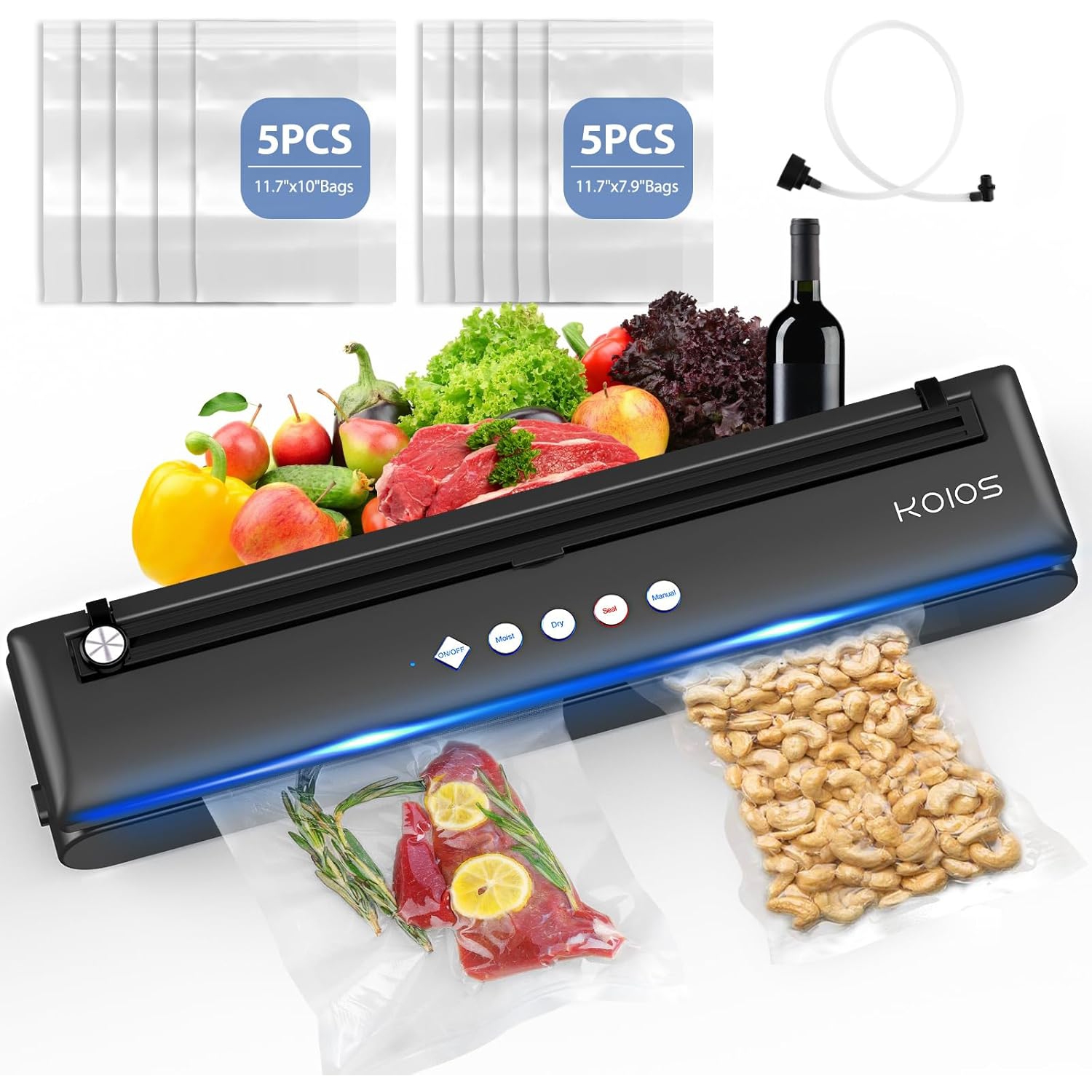 KOIOS Automatic Food Sealer Machine with Cutter, Dry & Moist Modes, with 10 Sealing Bags & Air Suction Hose