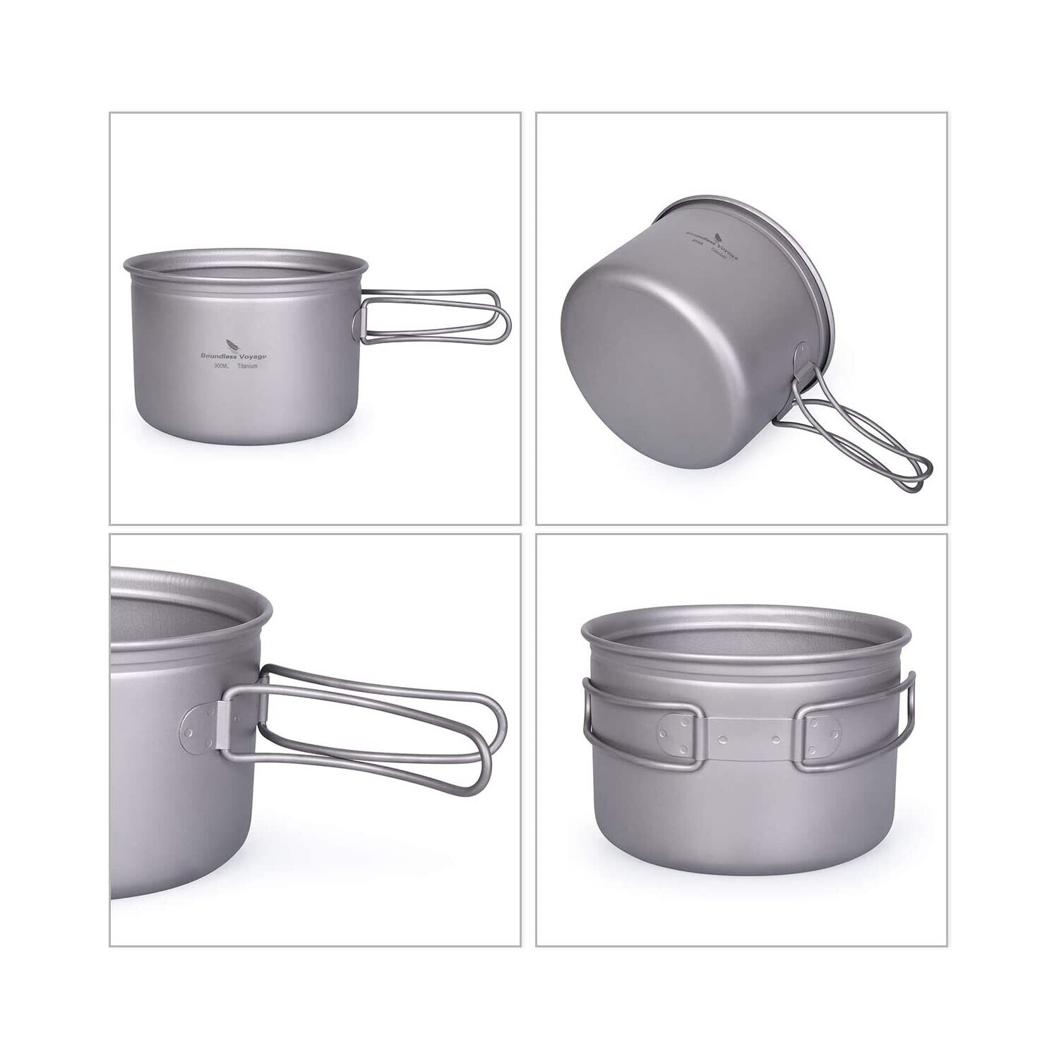 Boundless Voyage Outdoor Camping Titanium Pot Pan Set with Folding Handle 900ml