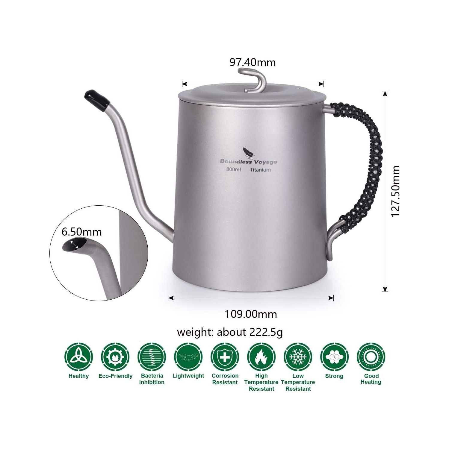 Boundless Voyage Titanium 800ml Kettle with Anti-scalding Handle Gooseneck
