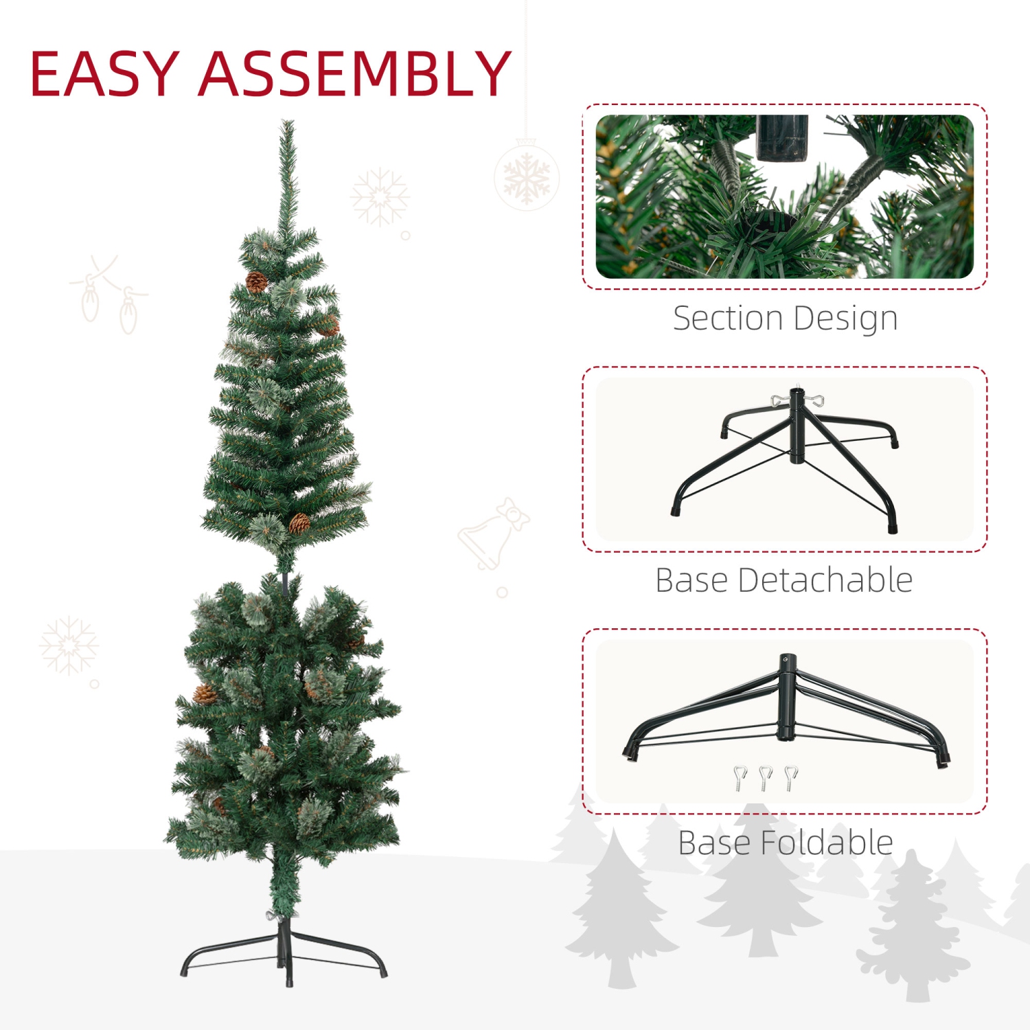 HOMCOM 5ft Pencil Artificial Christmas Tree, Xmas Tree with Thin Pine Needles and Realistic Branches, Pine Cones, Metal Base, Green
