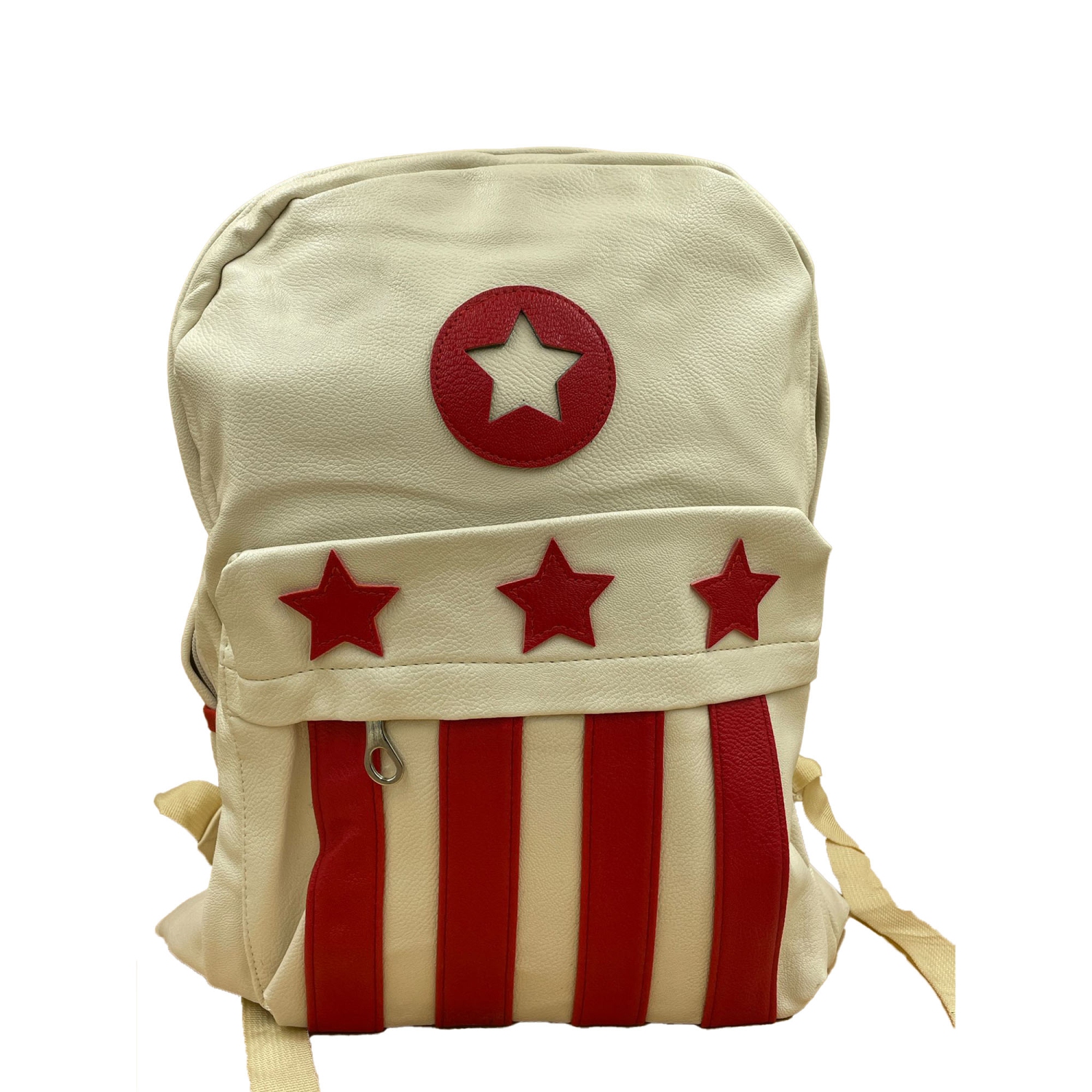 Stylish White Backpack With Red Stars And Red Stripes - 16 Inch Leather Backpack For Travel And Regular Use